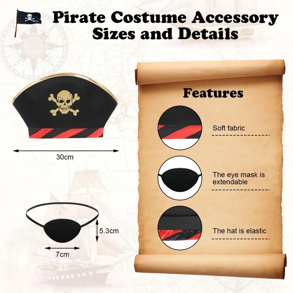 Aomig Kostium Piracki dla dzieci, 3-częściowy akcesoria do stroju pirata, kapelusz piracki, bajkowa sukienka na Halloween, karnawał