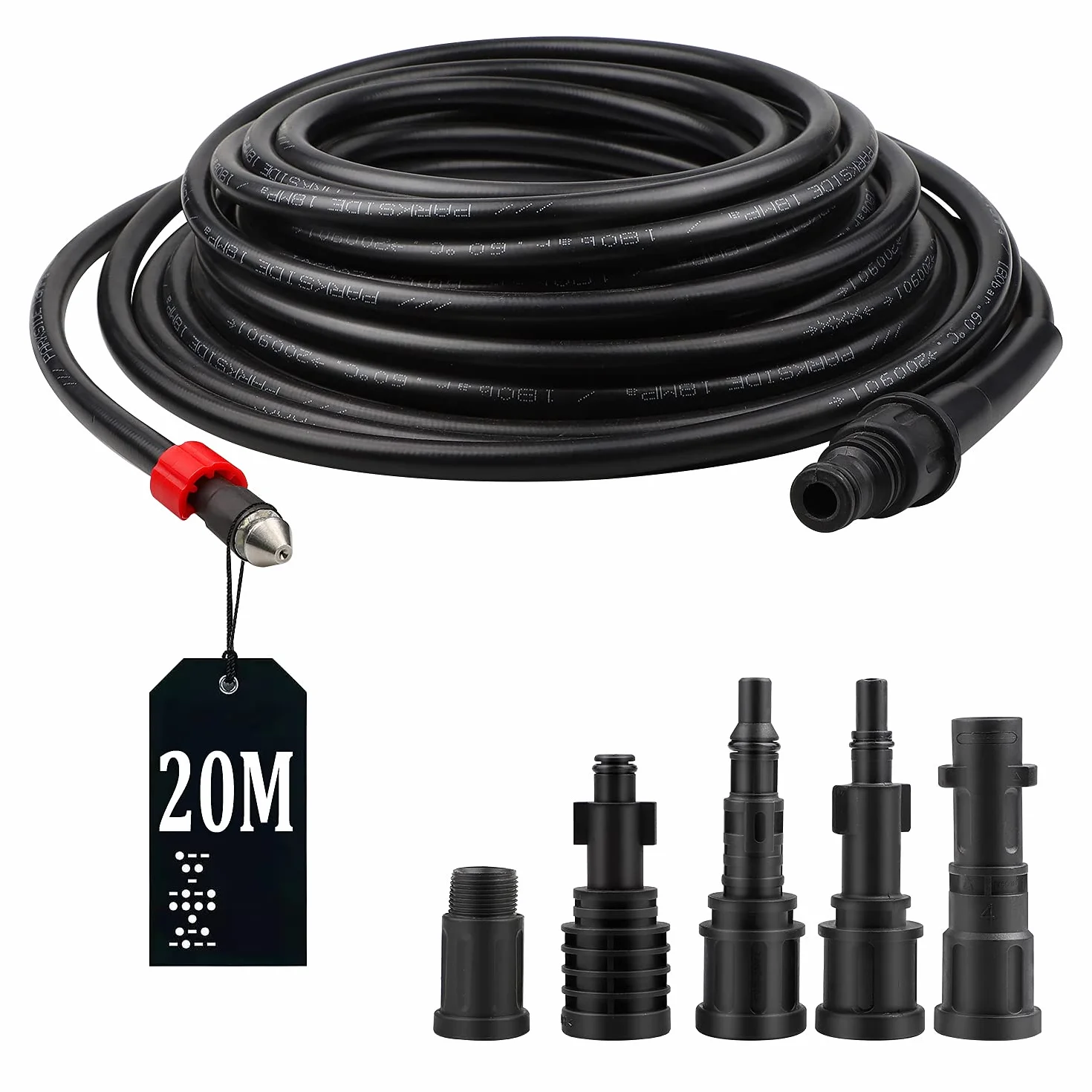 Wąż do czyszczenia rur 20 m 180 bar 60°C zestaw z 5 adapterami do myjki wysokociśnieniowej Kärcher