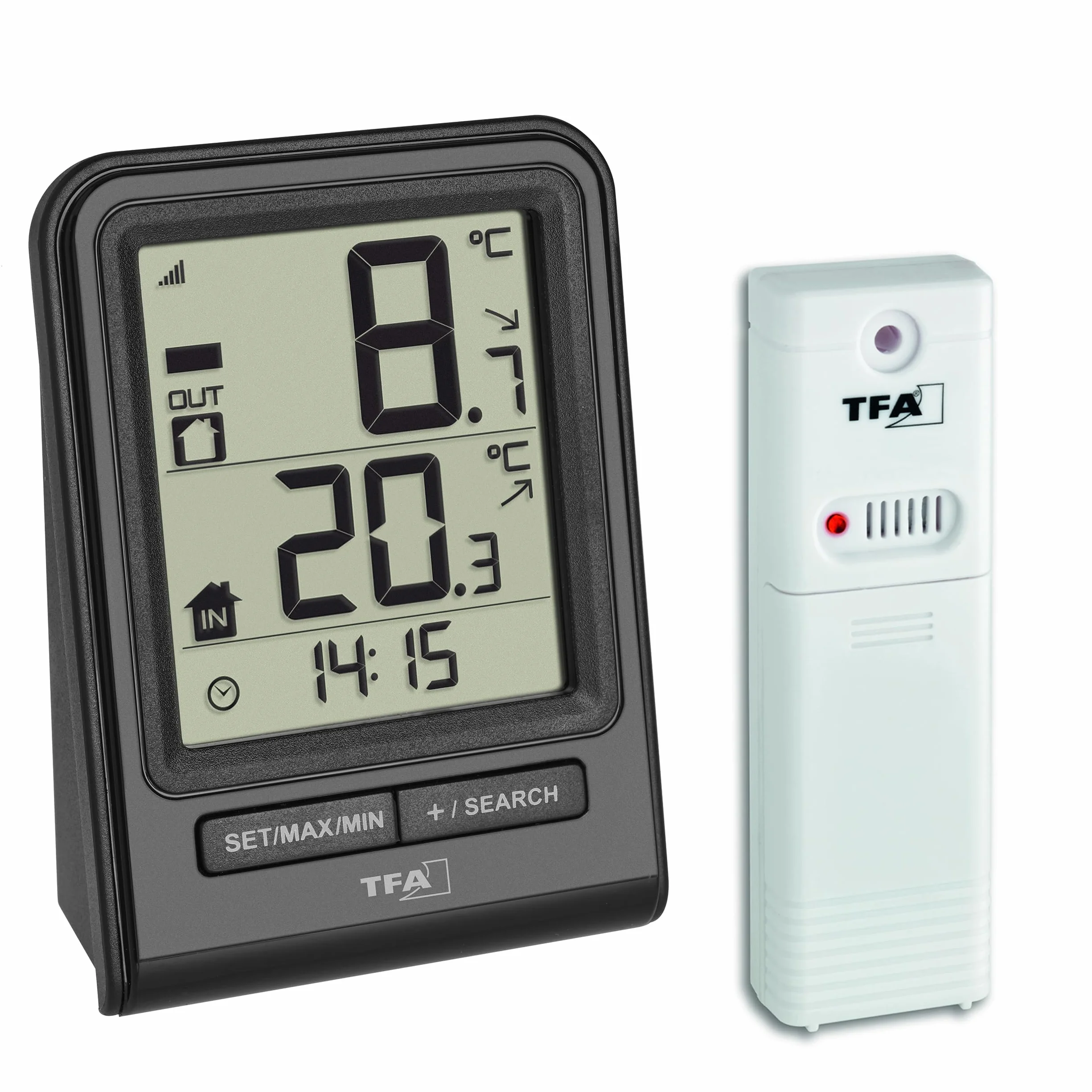 TFA Dostmann Prisma termometr radiowy temperatura zewnętrzna wewnętrzna wartości maksymalne minimalne