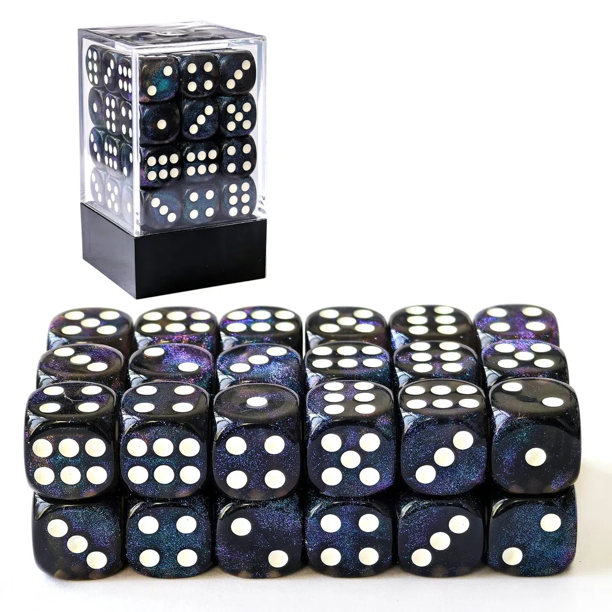 Bescon Moonstone Zestaw 36 kości z 6 twarzami, kamień księżycowy, 91,4 cm, czarne, półprzezroczyste kostki D6, z niebieskimi cekinami, 36 szt., 36 szt