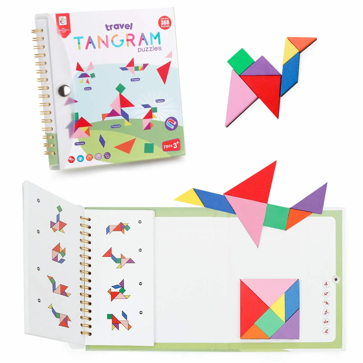 Coogam Podróżne Puzzle Tangram z 3 zestawami magnetycznych Tangram - Gry z kształtami do rozkroju na podróż drogową z rozwiązaniem - Książka IQ, edukacyjna zabawka, łamigłówka mózgowa, prezent dla