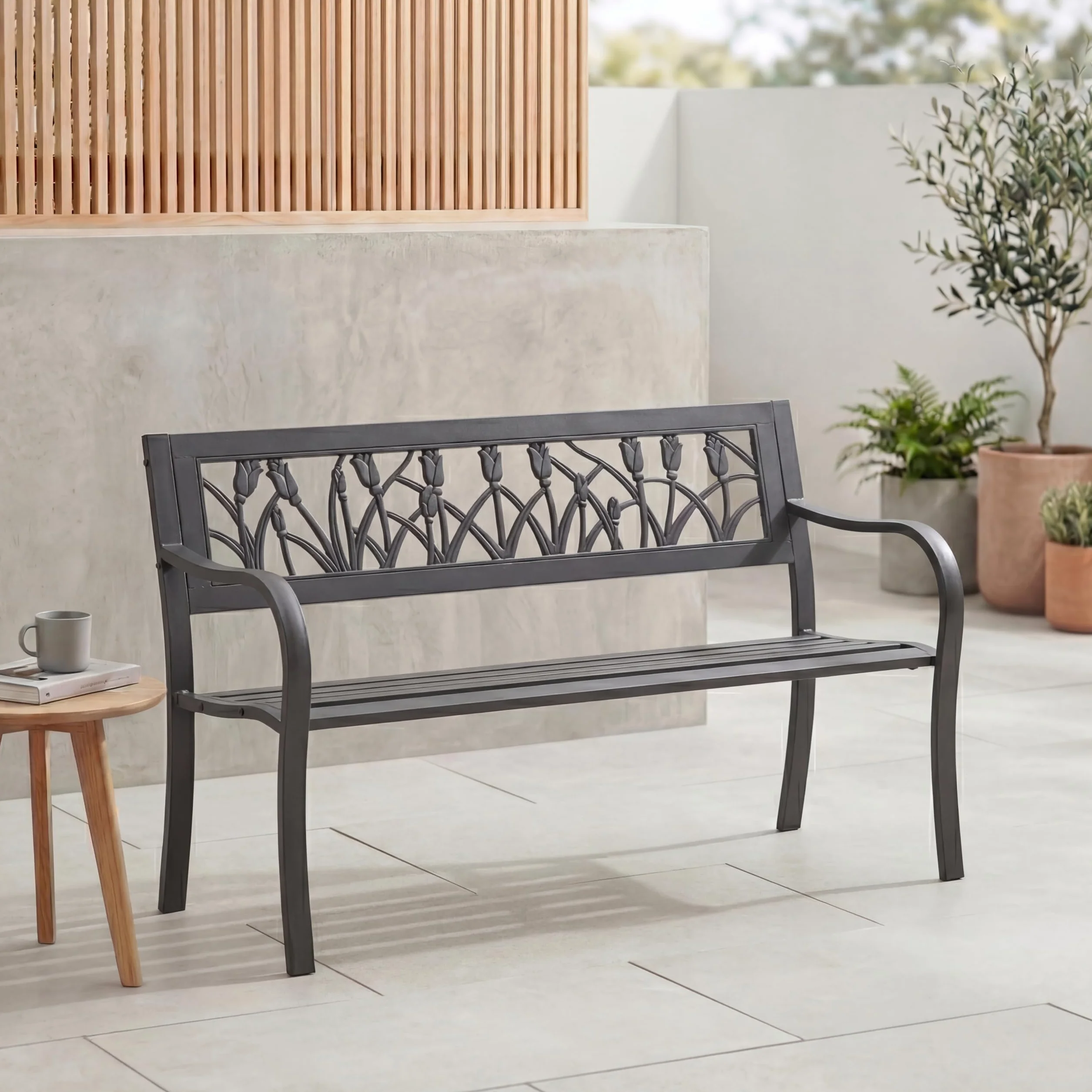 Garden Vida Stalowa ławka ogrodowa 3-osobowa design tulipanów