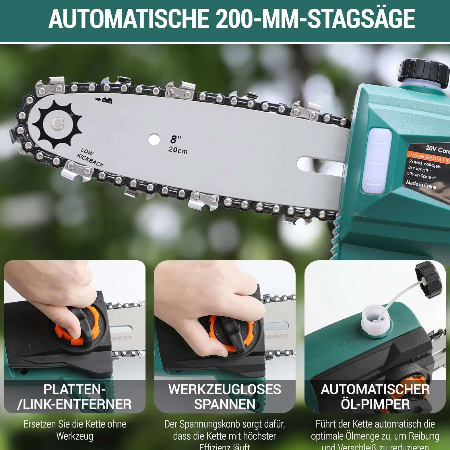 TLGREEN Sekator Akumulatorowy 20V 4,0Ah Litowo-Jonowy, 24 cm Ostrze, 5 m/s Łańcuch, Ładowarka