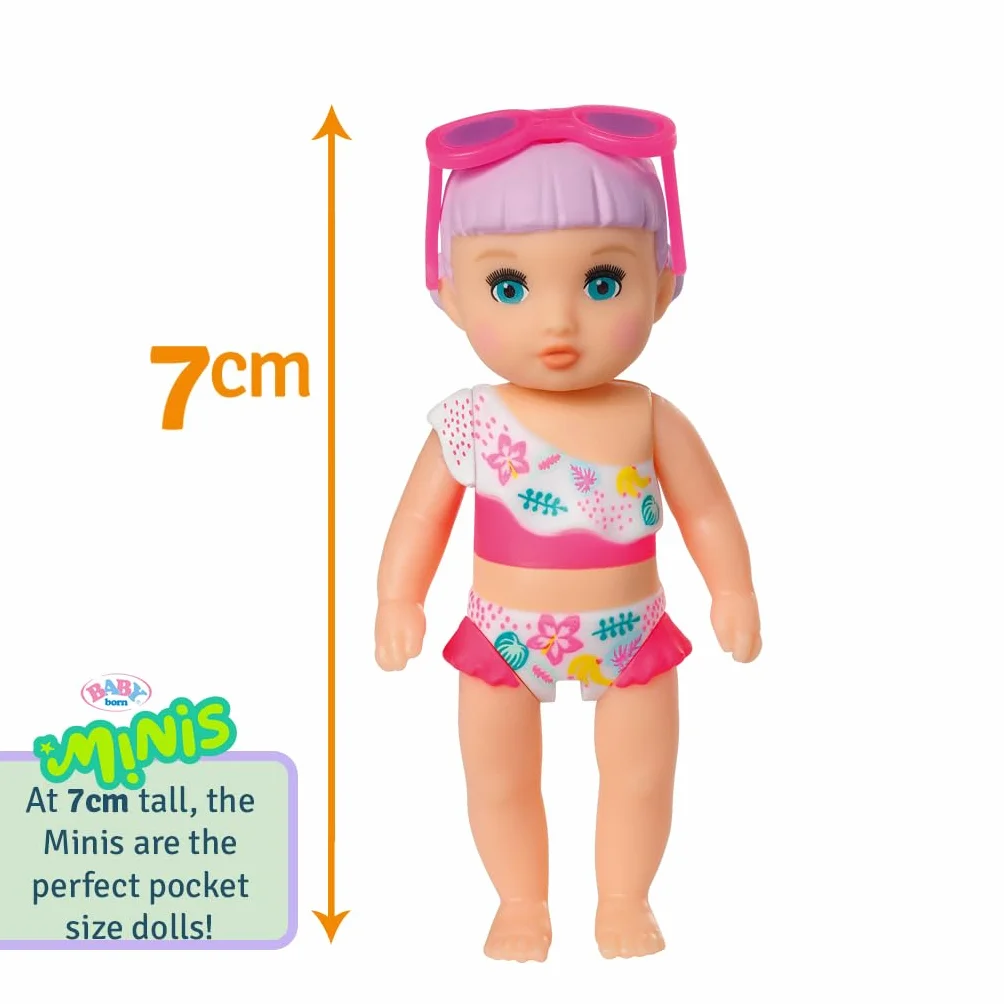 BABY born Minis Zestaw do zabawy na lato z Larą 906132 – lalka 7 cm z ekskluzywnymi akcesoriami i ruchomym korpusem do realistycznej zabawy – dzieci od 3 lat
