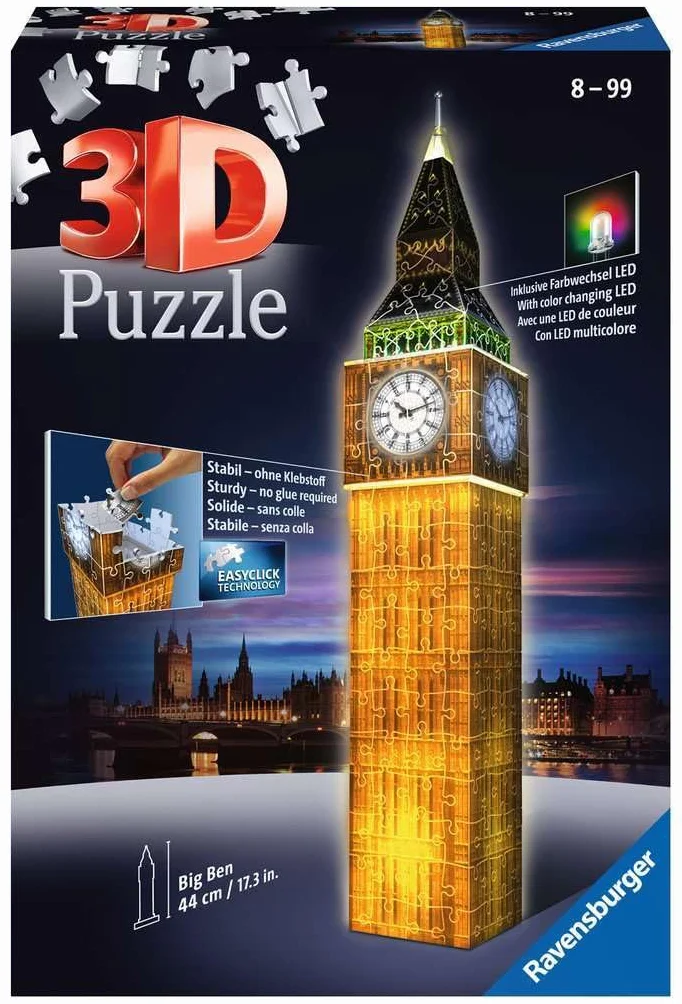 Ravensburger Puzzle 3D 12588 Ravensburger Big Ben 216 Elementów Puzzle 3D Budynki Nocą (12588) Dla Dzieci I Dorosłych. Technologia Easy Click - Każdy Element Pasuje Idealnie,Czarny,Taille Unique
