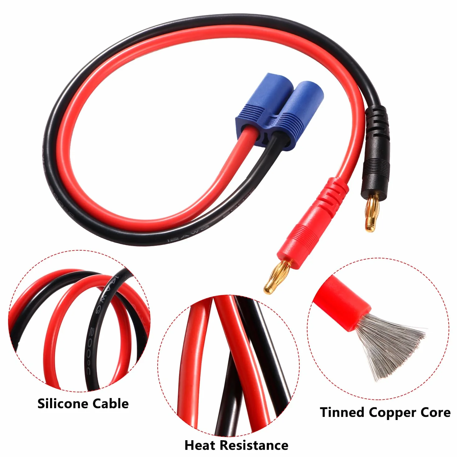 YIXISI 2 Sztuk EC5 do 4.0 Wtyczki Bananowej RC Battery Charge Cable, Złącze EC5 do 4.0 mm Wtyczki Bananowej z 30 cm 12AWG Silicone Cable, do Akumulatorów RC Helicopter Quadcopter Lipo