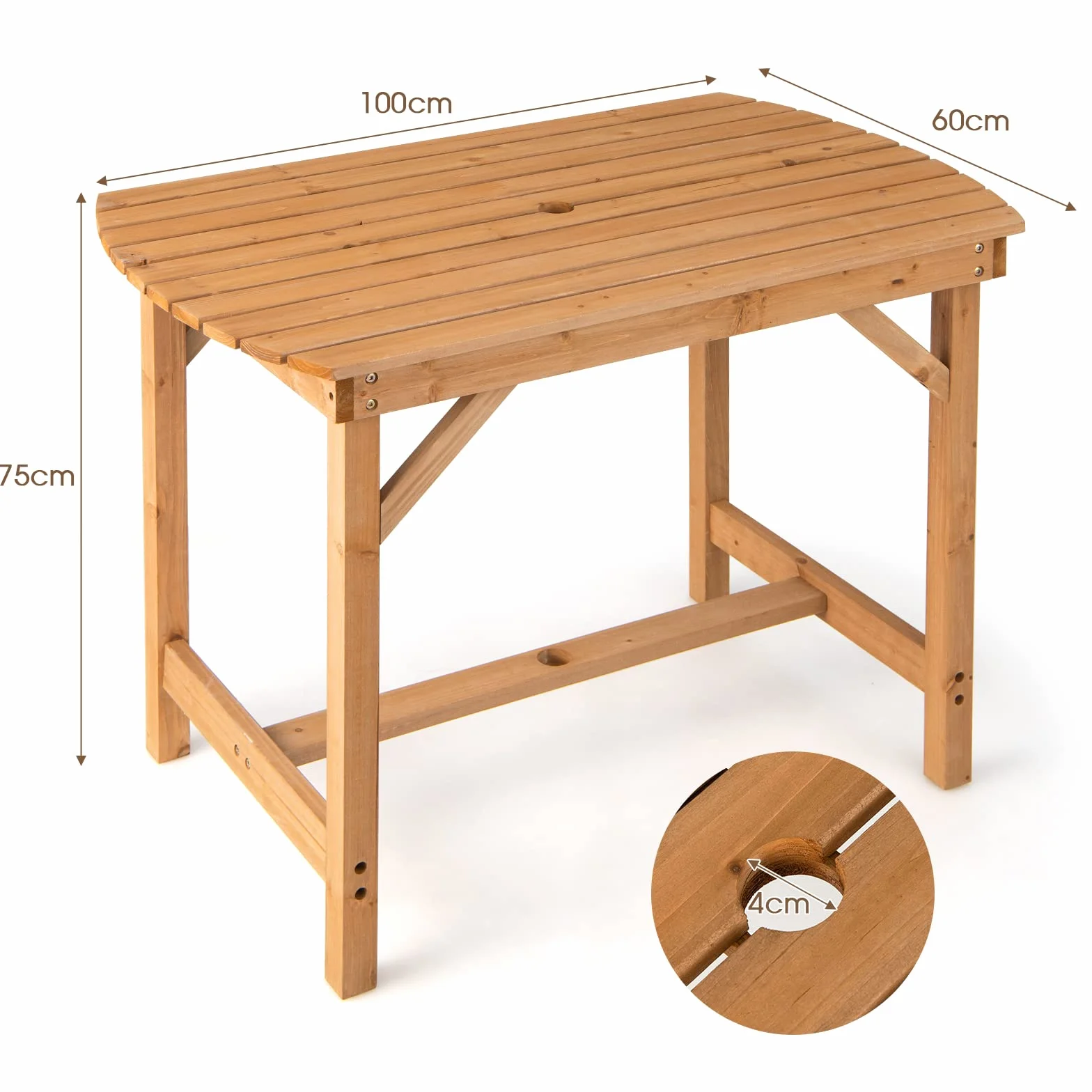COSTWAY Stół ogrodowy z otworem na parasol 100 x 60 cm lite drewno prostokątny