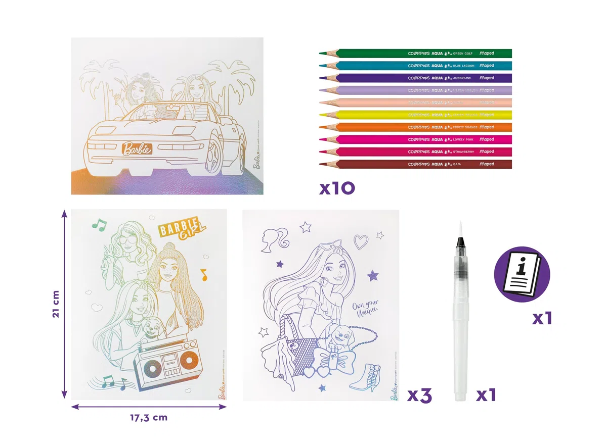 Maped Creativ - Aqua'Art Barbie - Aktywność akwarelowa dla dzieci - Farbowanie ołówkami akwarelowymi + pędzelek do wody na metalicznych wspornikach - 3 plakaty do kolorowania - od 7 lat