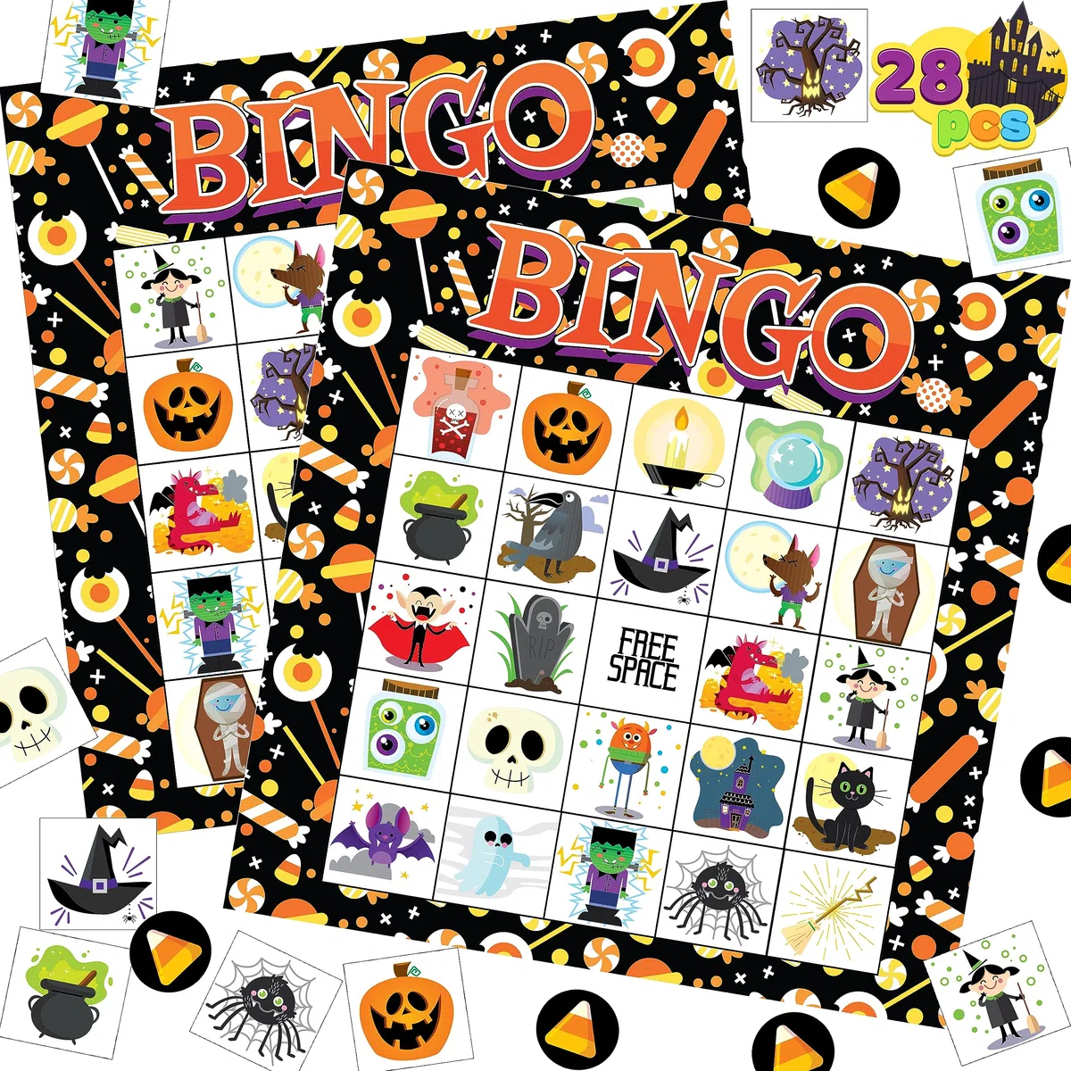 JOYIN 28 Halloween Bingo karta do gry na zajęcia szkolne i rodzinne, Halloween, Halloween, majsterkowanie do klasy, przybory szkolne, gry planszowe