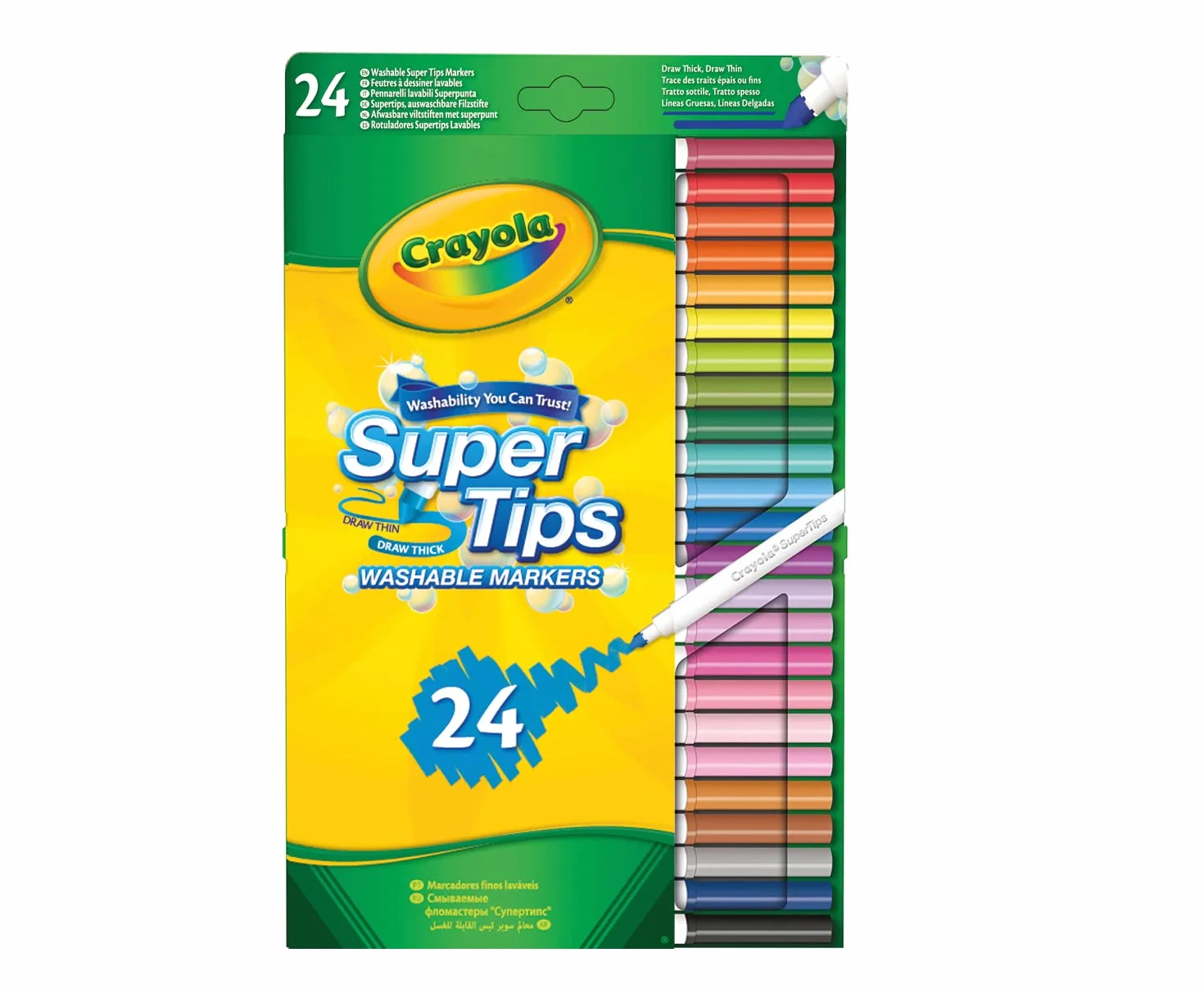 Crayola - Super Tips, Markery zmywalne średniopunktowe, zestaw 24 sztuk, do szkoły i do zabawy, różne kolory, 7551
