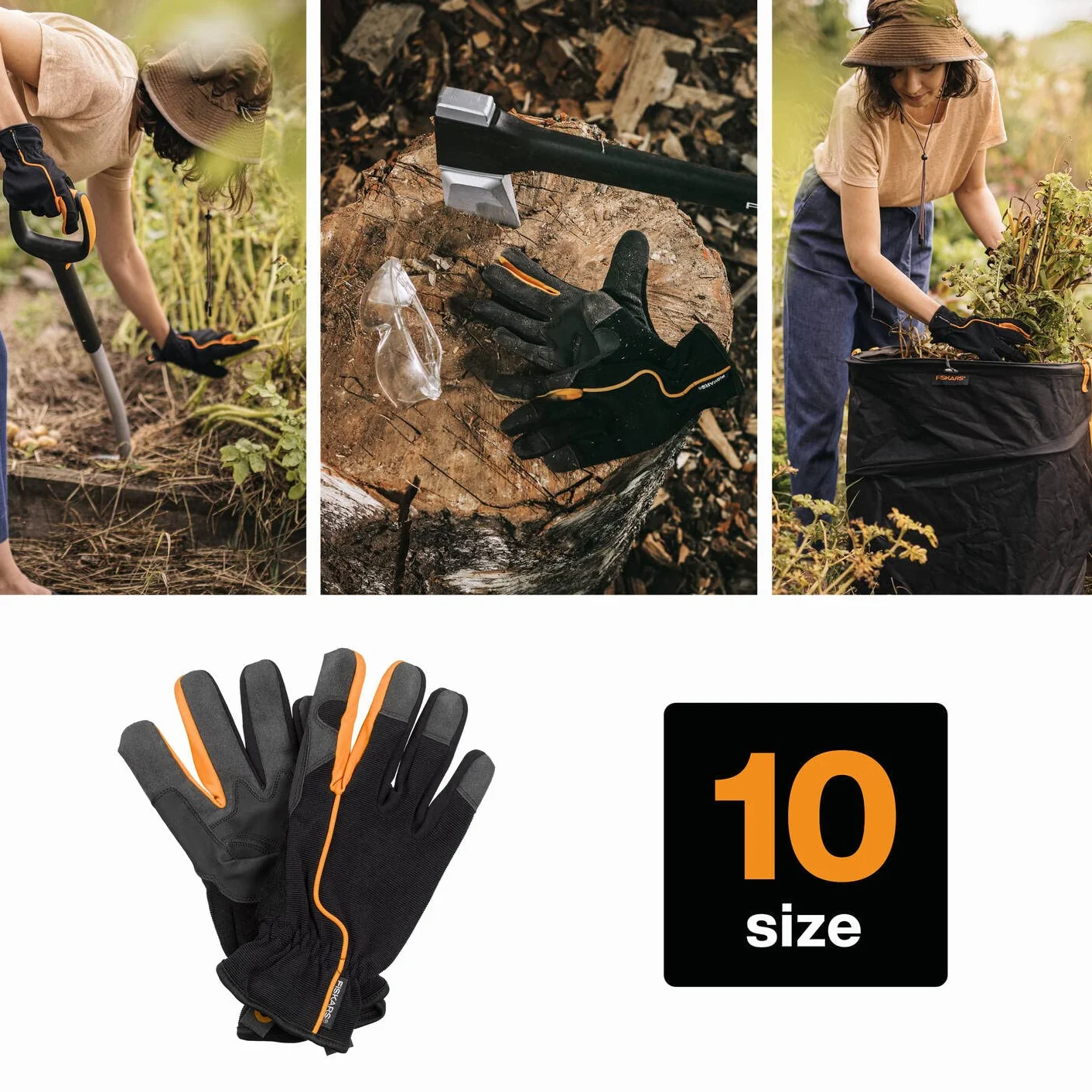 Fiskars Zestaw narzędzi ogrodowych 4-częściowy, chwastownik Xact, motyka i kielnia Solid, stal nierdzewna/plastik, FiberComp, rękawice robocze rozmiar 10, czarny/pomarańczowy