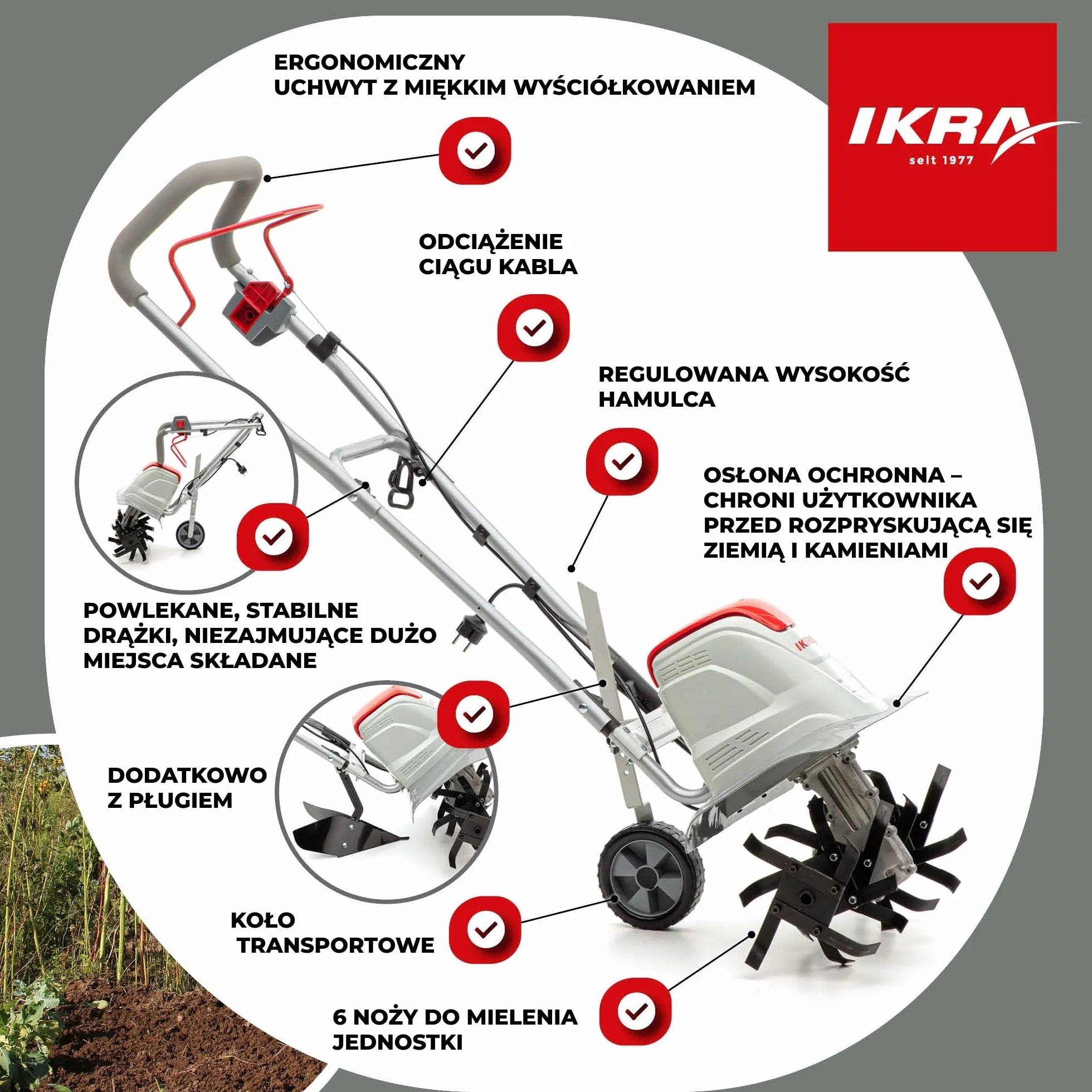 IKRA Glebogryzarka elektryczna FEM 1500 szerokość robocza 17-45 cm pług do mulczowania