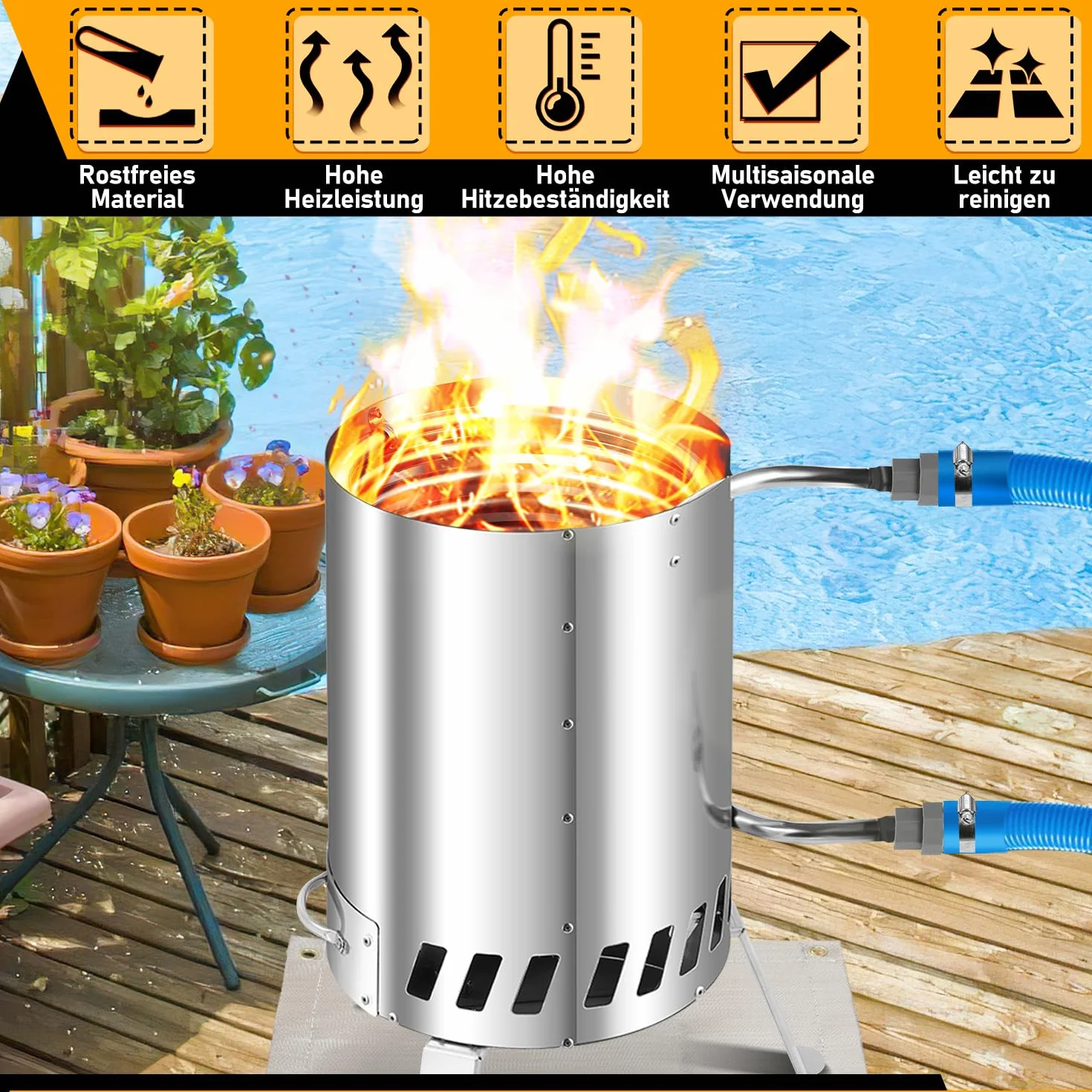 Piec basenowy ze stali nierdzewnej, ogrzewanie basenu na drewno, przyłącza 32-38 mm, odporny do 300°C