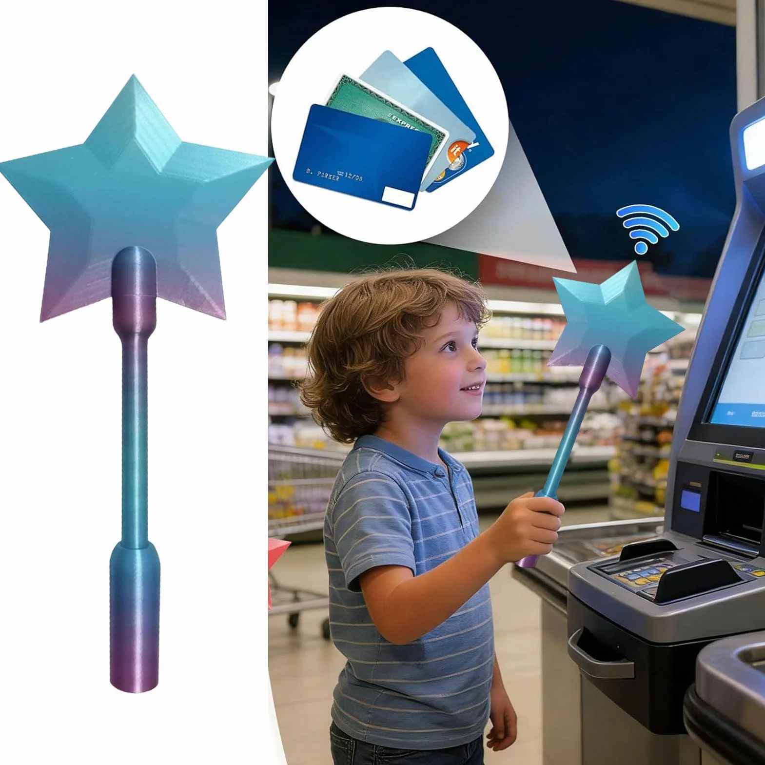 Różdżka na karty kredytowe, zabawny i interaktywny design, 1 sztuka, drukowana różdżka 3D do zapłaty, Star Magic bezdotykowy uchwyt na kartę płatniczą, łatwy w użyciu, dla wykonawców wydarzenia