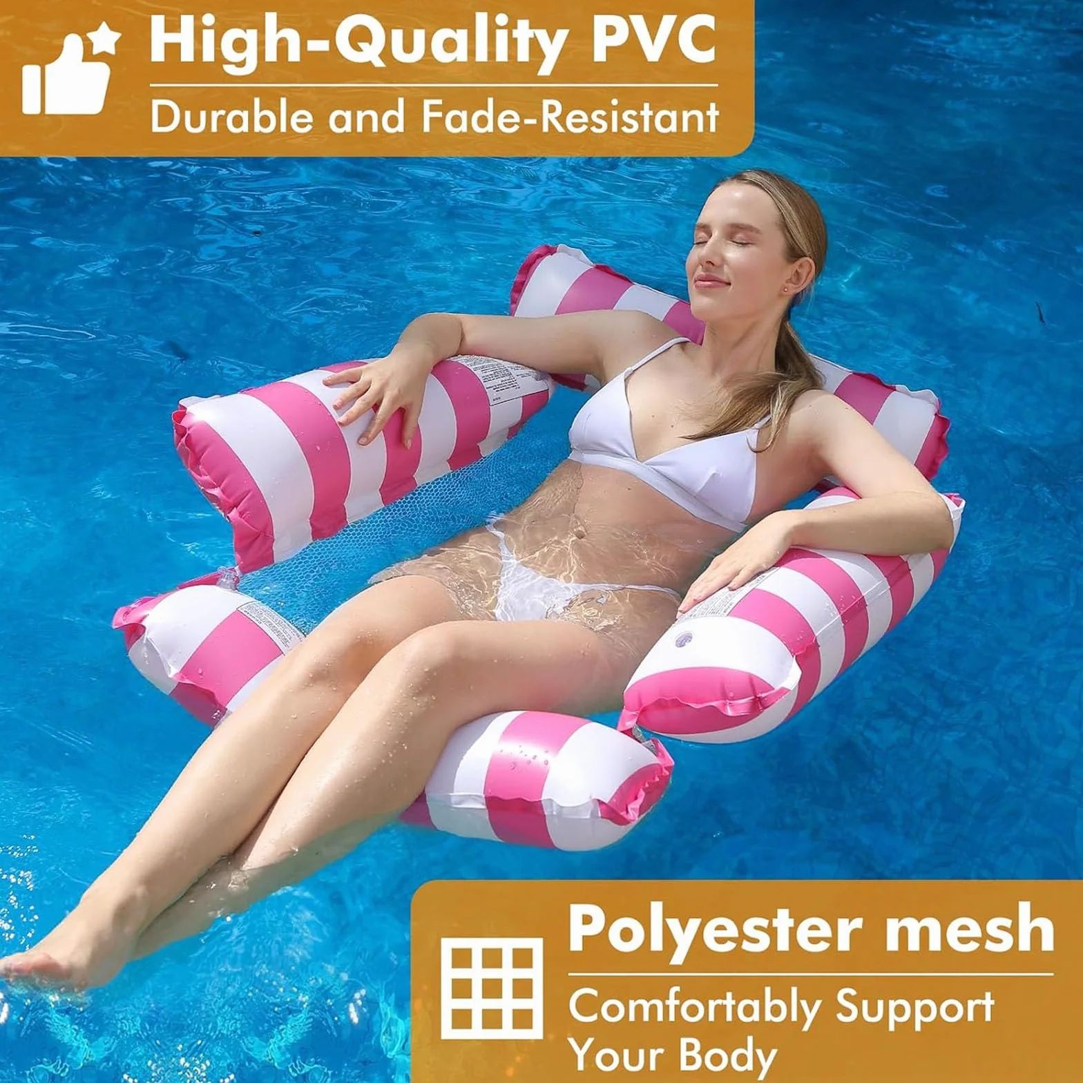 Hamak wodny z siatką – wersja z grubego PCW, udźwig 100 kg, hamak 4 w 1, do basenu i na basen, w zestawie pompka ręczna (123 x 120 cm, różowy)
