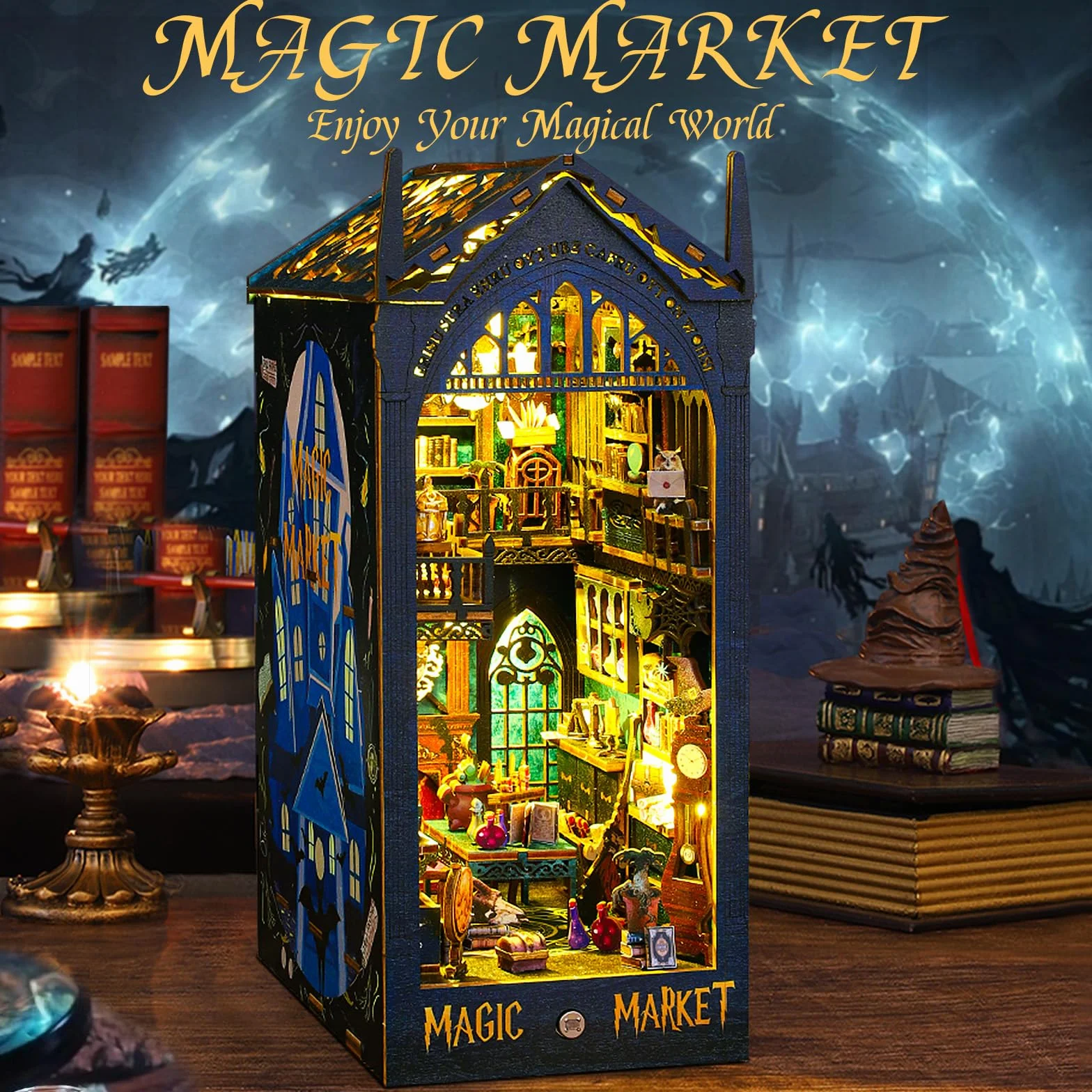 BuzzoXerex Book Nook Kit, miniaturowy dom, drewno 3D, zestaw narożny z meblami i lampami LED, dekoracja domu, kreatywny prezent