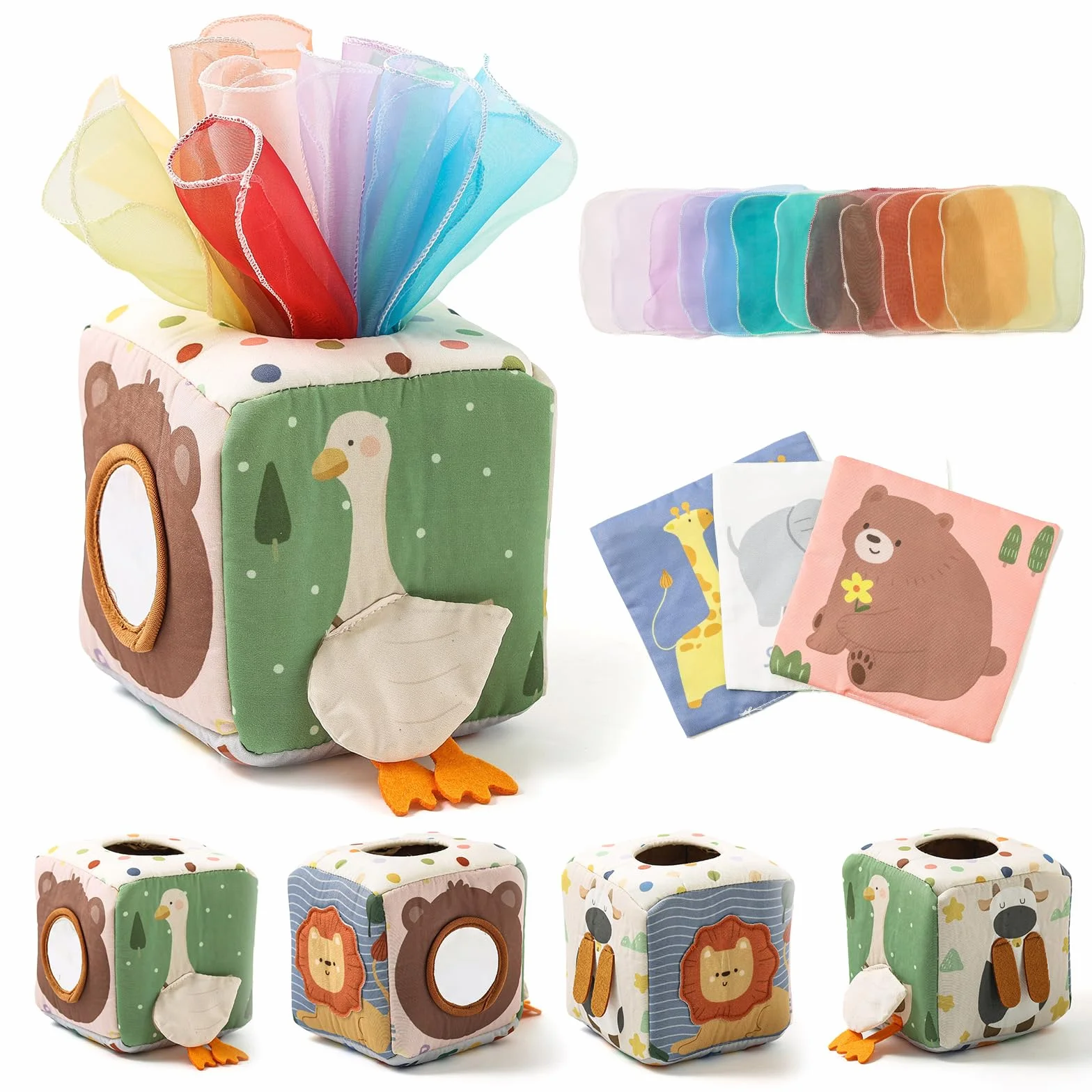 WOODEN TEETHER Tissue Box Montessori zabawka motoryczna, 6-12 miesięcy, zabawka sensoryczna dla niemowląt, z lustrem, kolorami, teksturami, dla dzieci, zabawka edukacyjna dla chłopców i dziewczynek