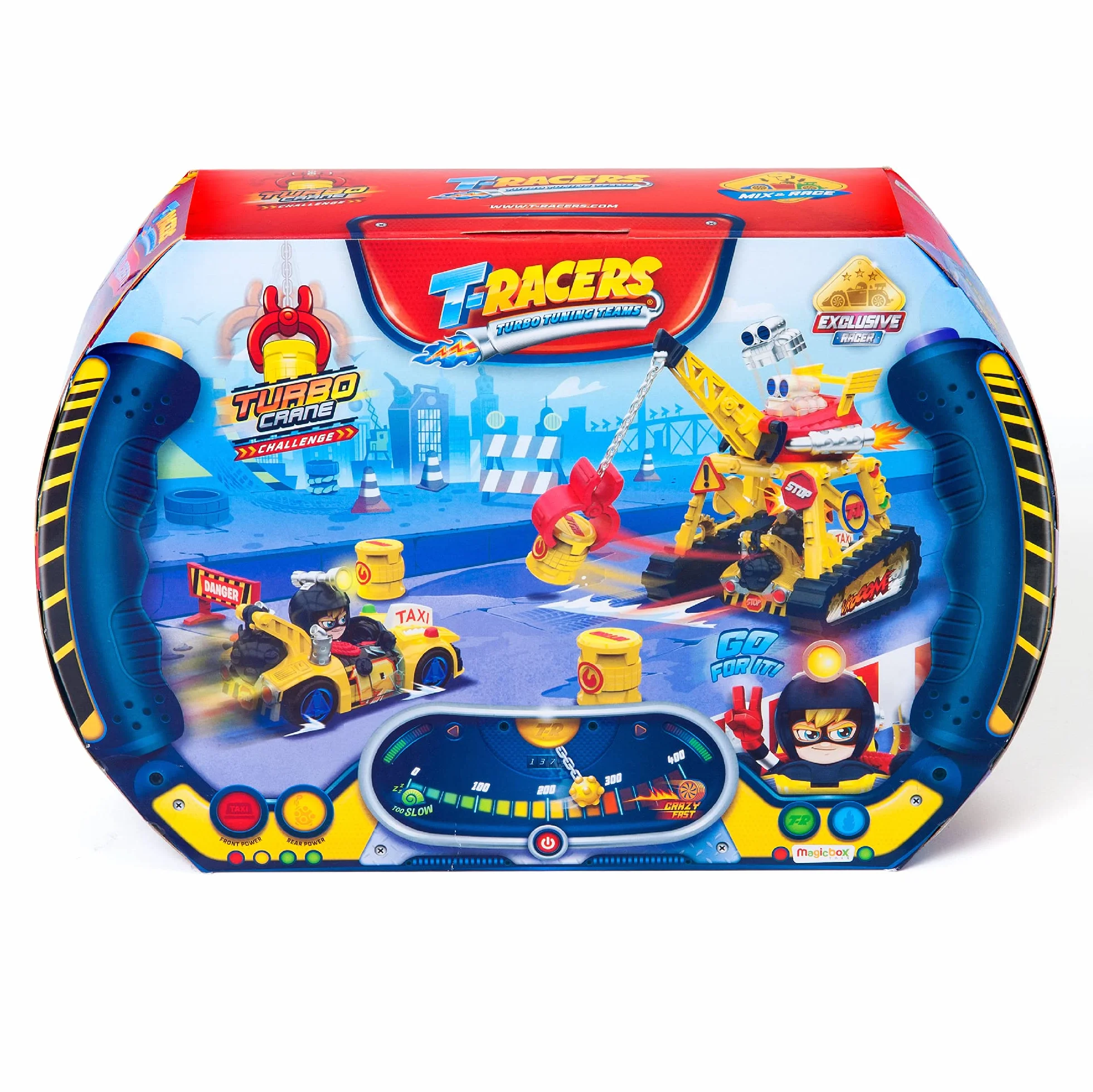 T-RACERS Turbo Crane – Dźwig ze szczypcami, ekskluzywny kierowca i auto oraz akcesoria. Tor dla zabawkowych samochodów.