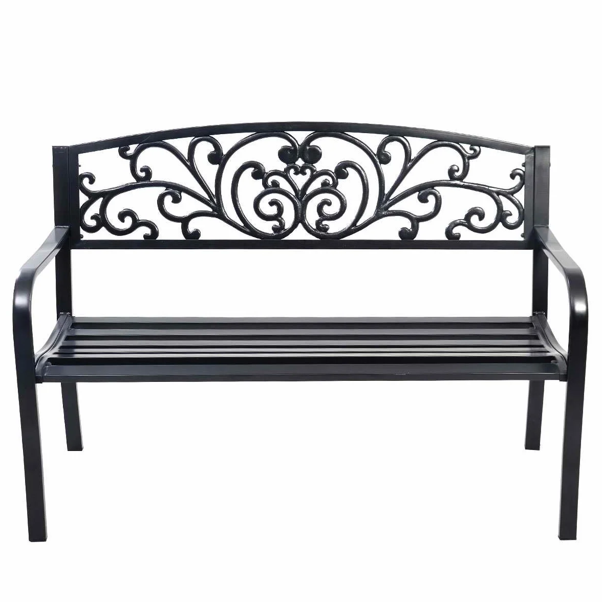 COSTWAY Ławka ogrodowa metalowa żeliwna 2-3 osobowa z oparciem i podłokietnikami 127 x 60 cm