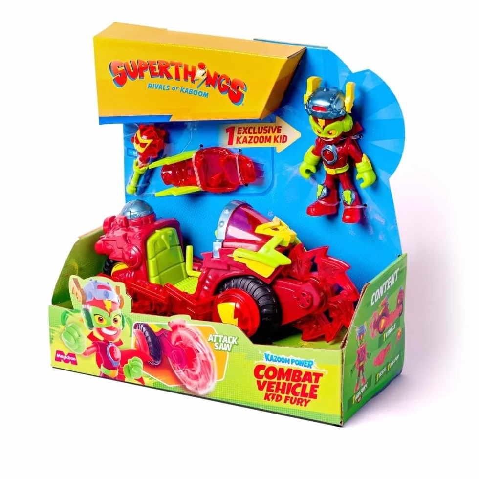 SUPERTHINGS KAZOOM POWER – Pojazd bojowy Kid Fury z animowanego serialu "Kazoom Power". Zawartość: 1 Combat Vehicle, 1 ekskluzywny Kid Fury, 1 broń i 1 akcesorium.