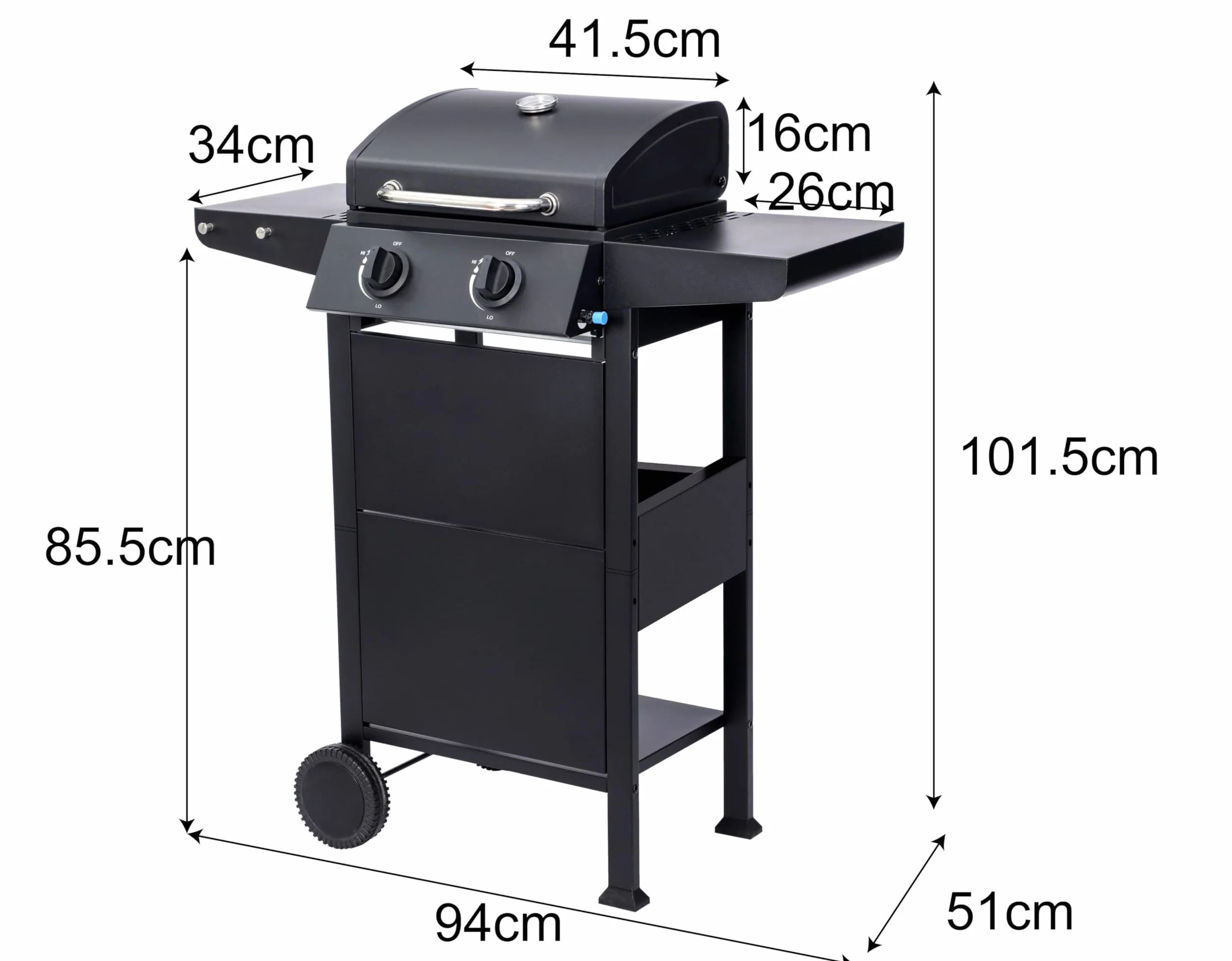 El Fuego® Grill Gazowy San Jose 2 Palniki BBQ z Żeliwnym Rusztem, Termometrem i Półkami Bocznymi