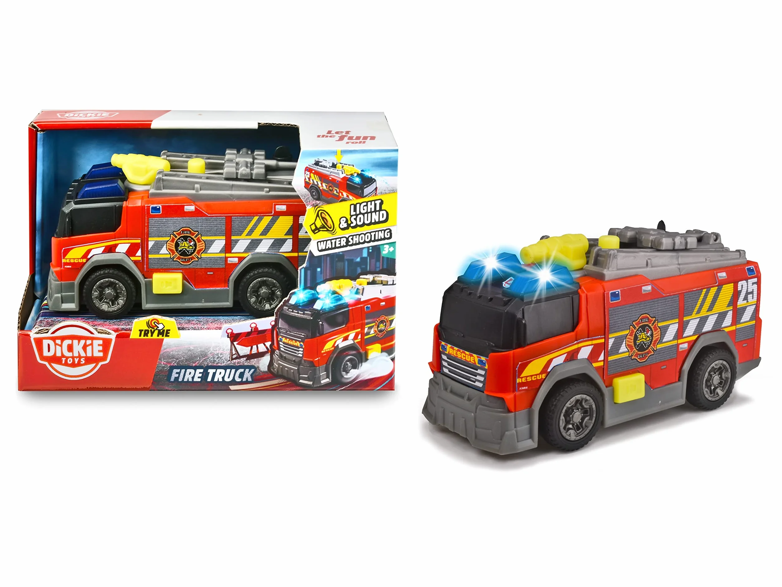 Dickie Toys Samochód strażacki – z prawdziwym rozpryskiwaniem wody, syreną i światłem, wolnobieg, 15 cm długości, zabawka dla dzieci od 3 lat