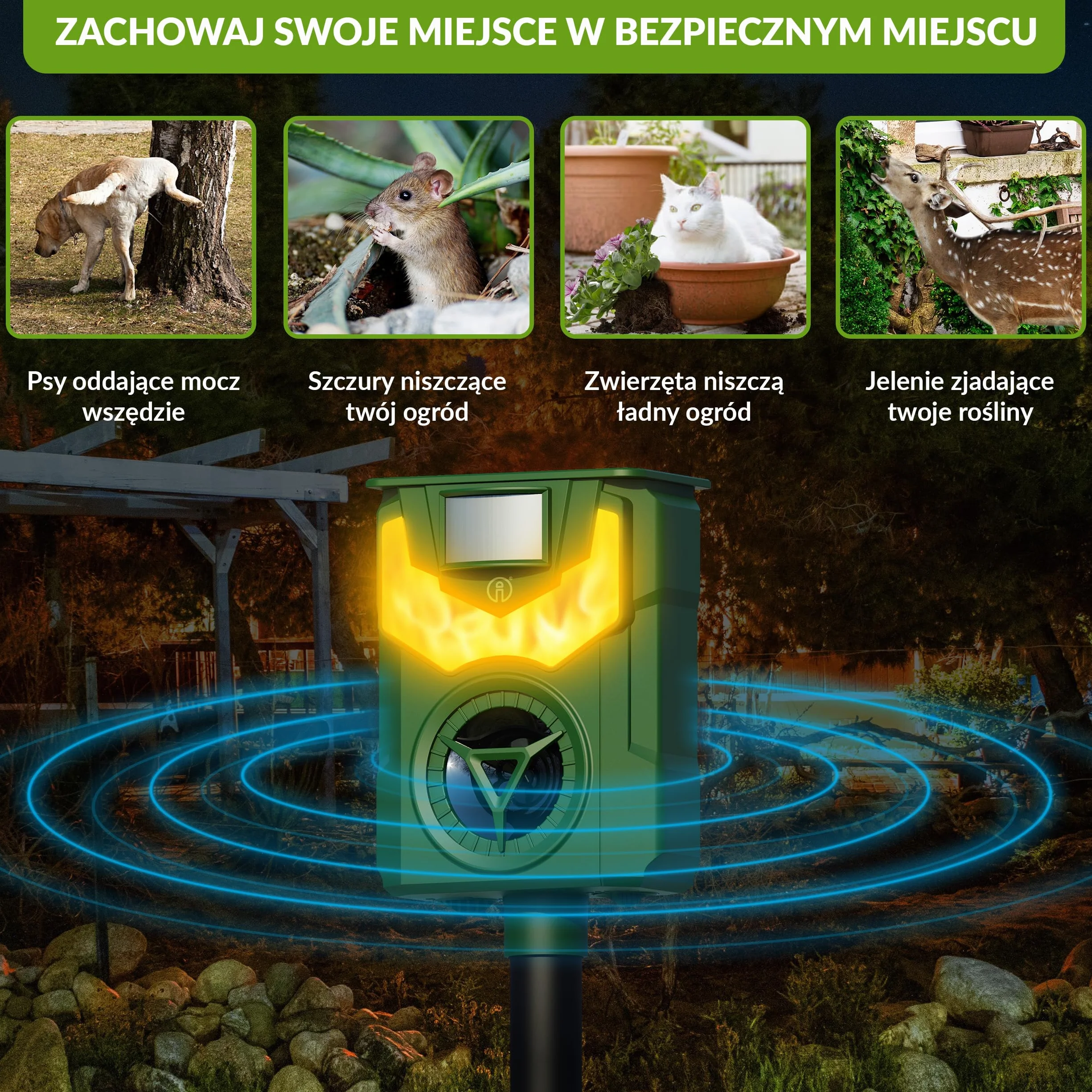ISOTRONIC Solarny odstraszacz zwierząt z częstotliwością i światłem płomienia