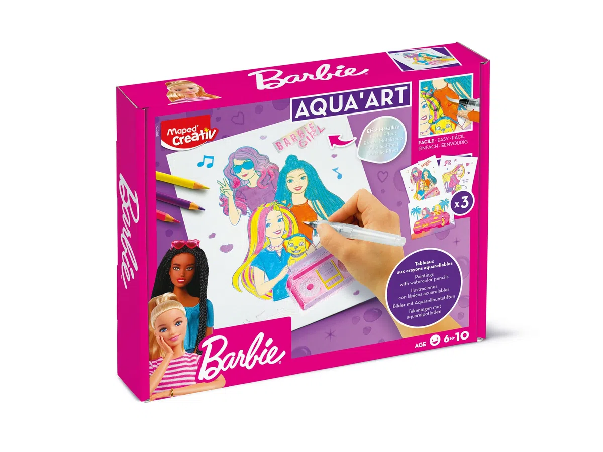 Maped Creativ - Aqua'Art Barbie - Aktywność akwarelowa dla dzieci - Farbowanie ołówkami akwarelowymi + pędzelek do wody na metalicznych wspornikach - 3 plakaty do kolorowania - od 7 lat