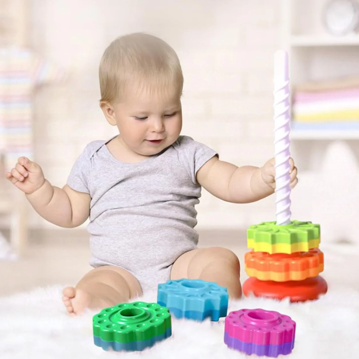 MalPlay Kolorowa wieża do układania w stos motoryka kreatywna piramida wieża 6 krążków Twisted Baby zabawka wtykowa z gwintem spiralnym maluch wieża do układania