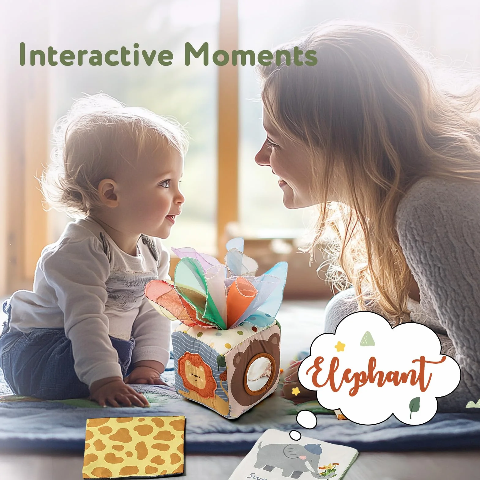 WOODEN TEETHER Tissue Box Montessori zabawka motoryczna, 6-12 miesięcy, zabawka sensoryczna dla niemowląt, z lustrem, kolorami, teksturami, dla dzieci, zabawka edukacyjna dla chłopców i dziewczynek