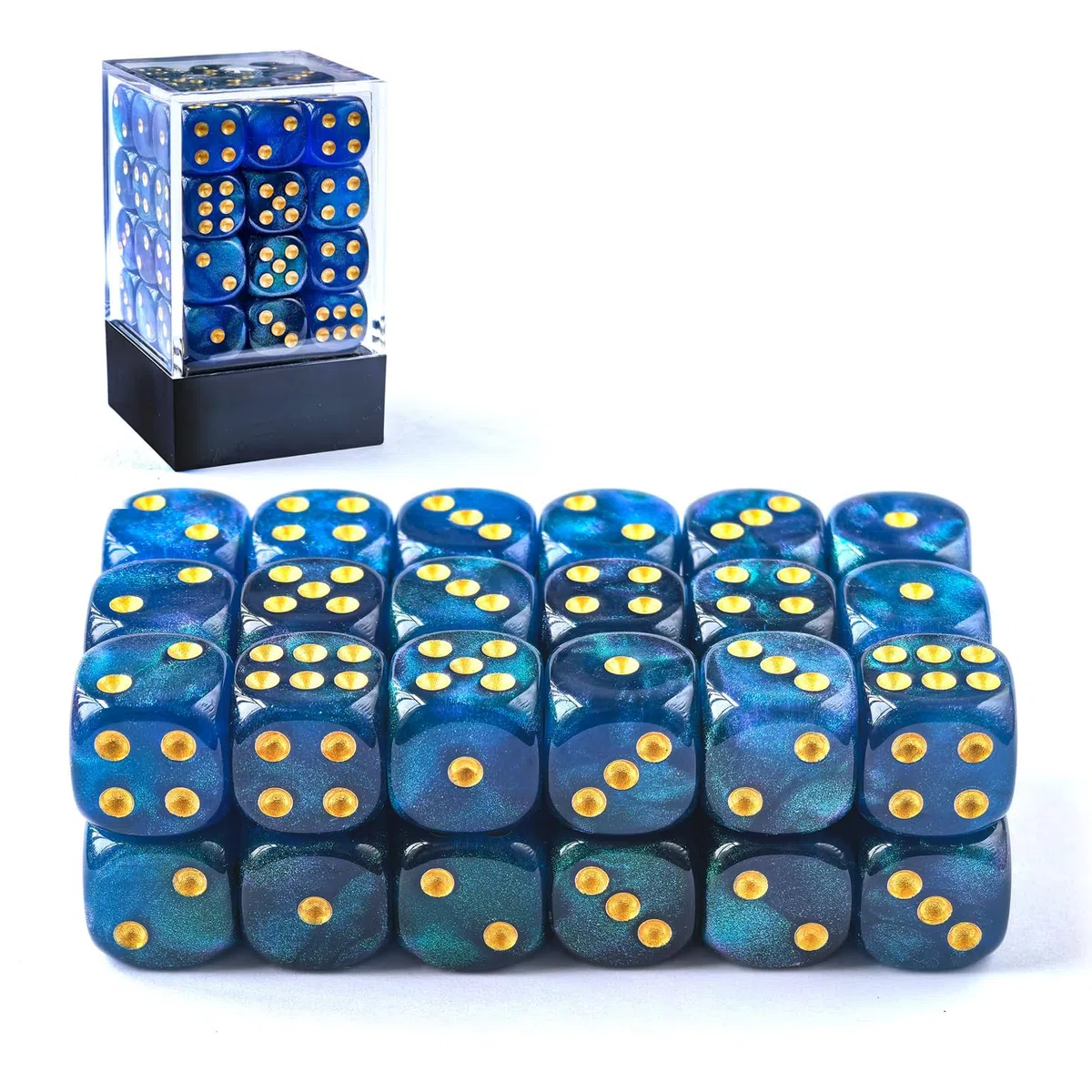 Bescon Moonstone Zestaw 36 kości z 6 licami, kamień księżycowy, 91,4 cm, kości D6 z zielonymi cekinami, 36 szt., sześć twarzy 12 mm, 36 szt