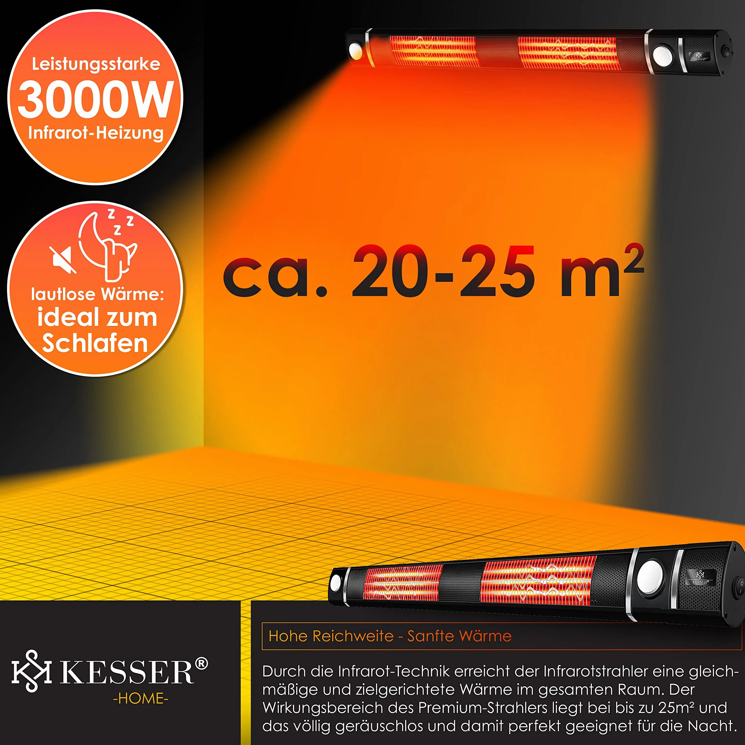 Kesser promiennik na podczerwień 3000 W z reflektorem tarasowym LED WiFi i pilotem