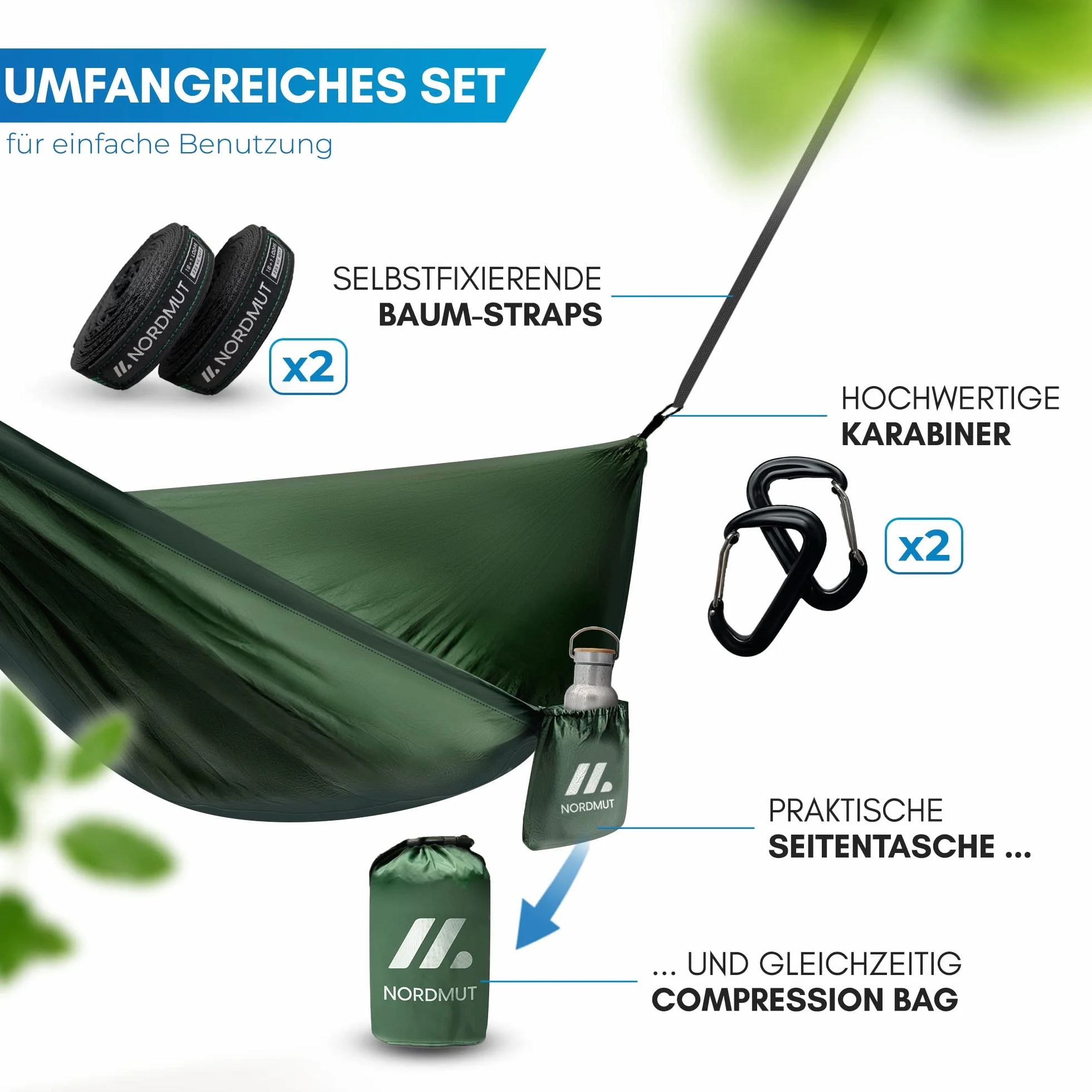 NORDMUT Hamak Outdoor z Zestawem Montażowym 300 kg 140 x 275 cm Zielony