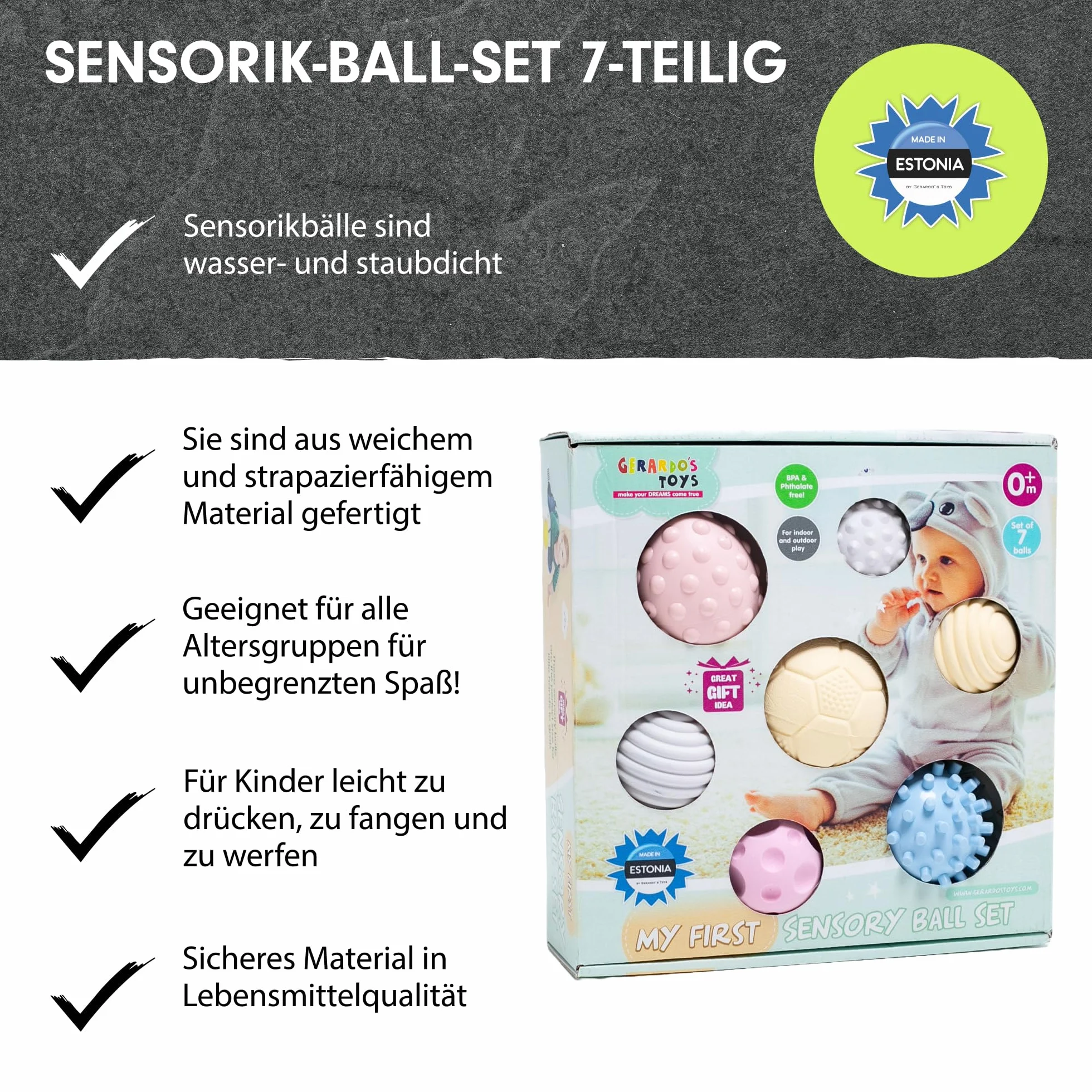 GERARDO'S My first sensory ball zestaw 7 szt. zabawek, różne (7 piłek dla niemowląt - 2 szt. mają ten sam wzór, reszta jest inna