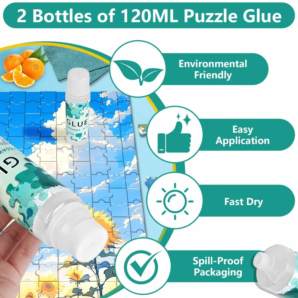 Ainiv Klej do puzzli z gąbką – przezroczysta, rozpuszczalna w wodzie, szybkoschnąca formuła na puzzle 1000/1500/2000 elementów, idealna do rękodzieła, projektów DIY i oszałamiających wyświetlaczy (120
