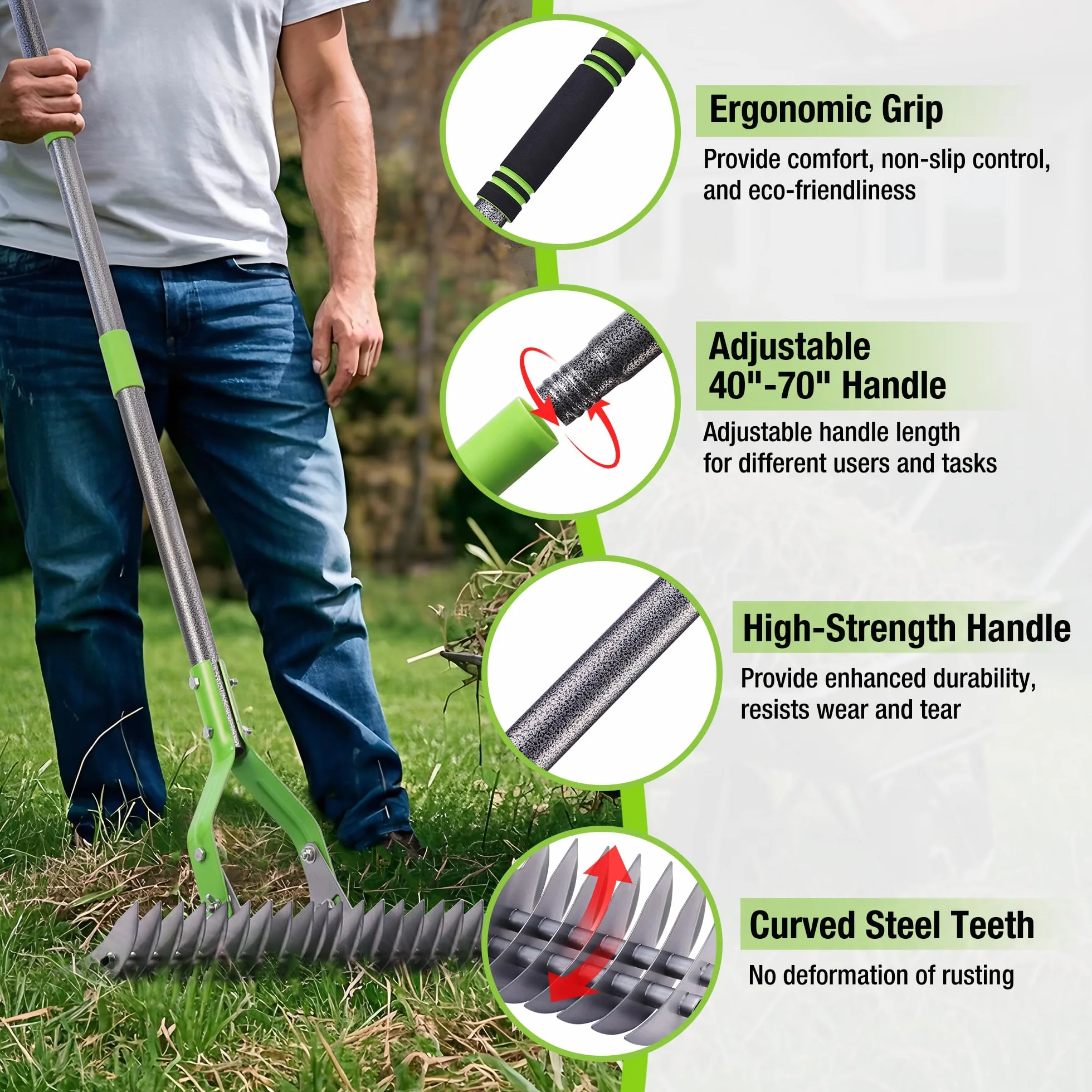 WORKPRO Grabie do liści 38 cm, regulowany uchwyt 102–178 cm, dwustronna głowica