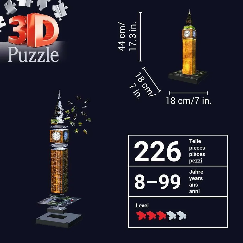 Ravensburger Puzzle 3D 12588 Ravensburger Big Ben 216 Elementów Puzzle 3D Budynki Nocą (12588) Dla Dzieci I Dorosłych. Technologia Easy Click - Każdy Element Pasuje Idealnie,Czarny,Taille Unique