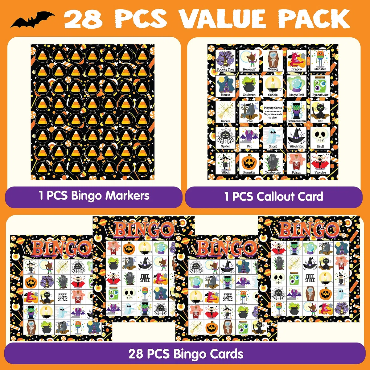 JOYIN 28 Halloween Bingo karta do gry na zajęcia szkolne i rodzinne, Halloween, Halloween, majsterkowanie do klasy, przybory szkolne, gry planszowe