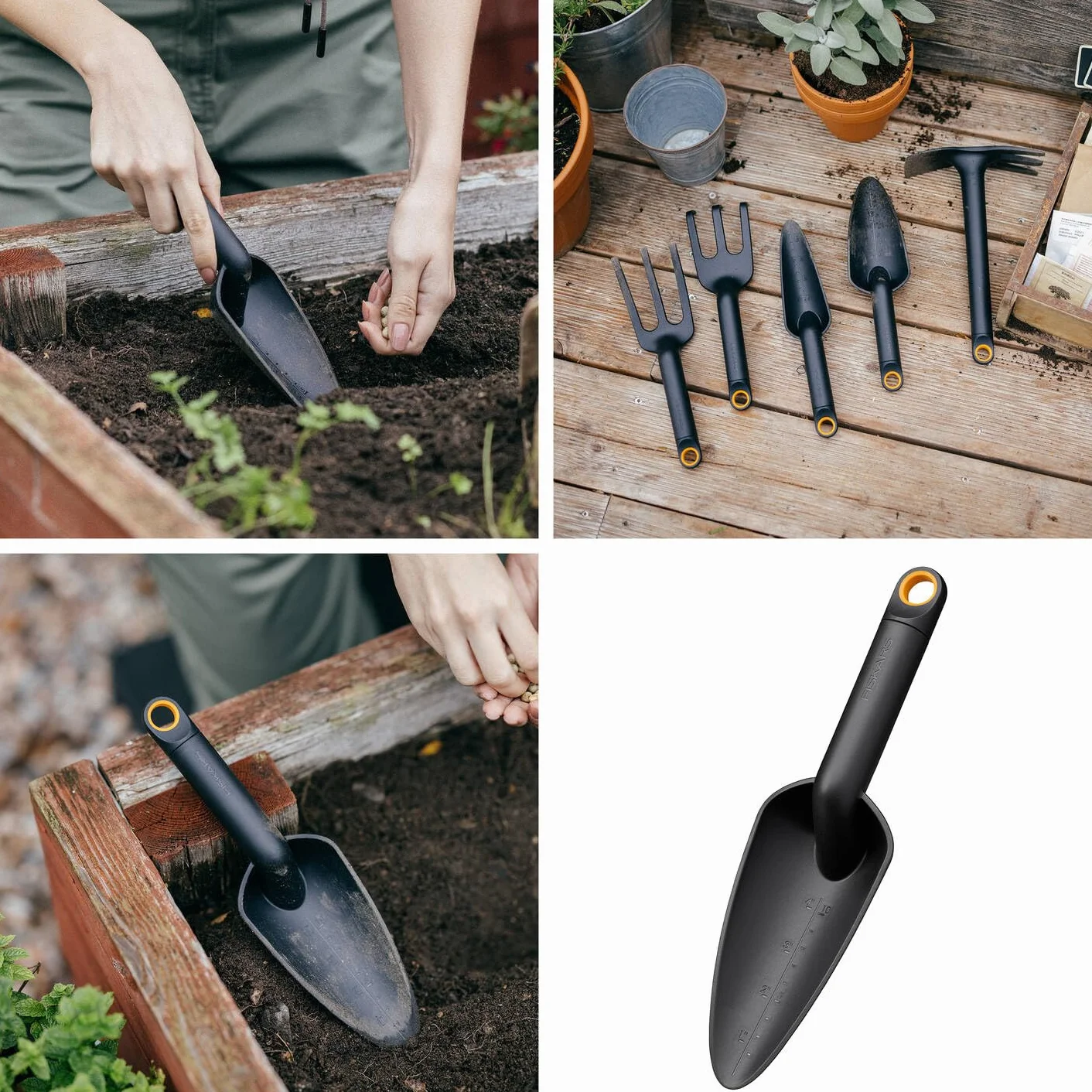 Fiskars Zestaw narzędzi ogrodowych 4-częściowy, chwastownik Xact, motyka i kielnia Solid, stal nierdzewna/plastik, FiberComp, rękawice robocze rozmiar 10, czarny/pomarańczowy