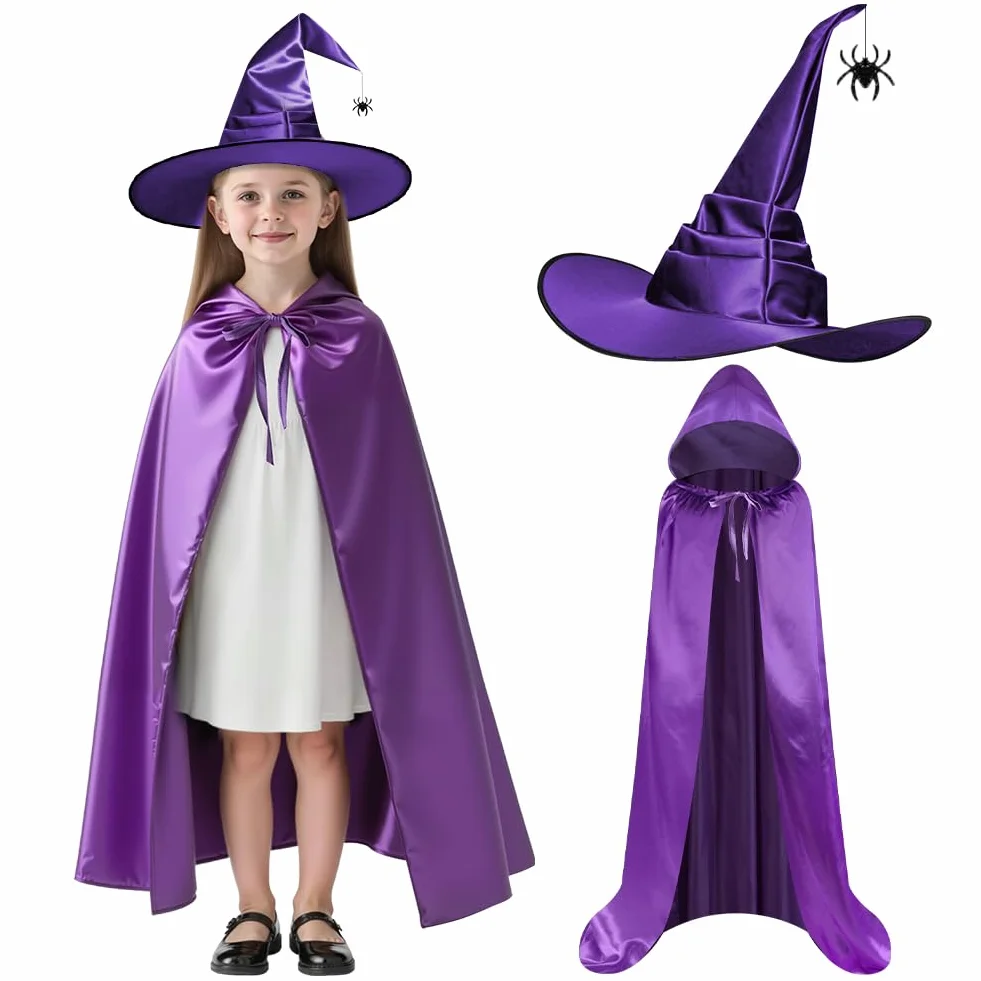 AUYAO Peleryna z kapturem na Halloween, długa peleryna z kapturem, płaszcz z kapturem, Halloween, Boże Narodzenie, fantazyjna peleryna, 2 szt. fantazyjny kostium, maskarada, impreza z rękawiczkami