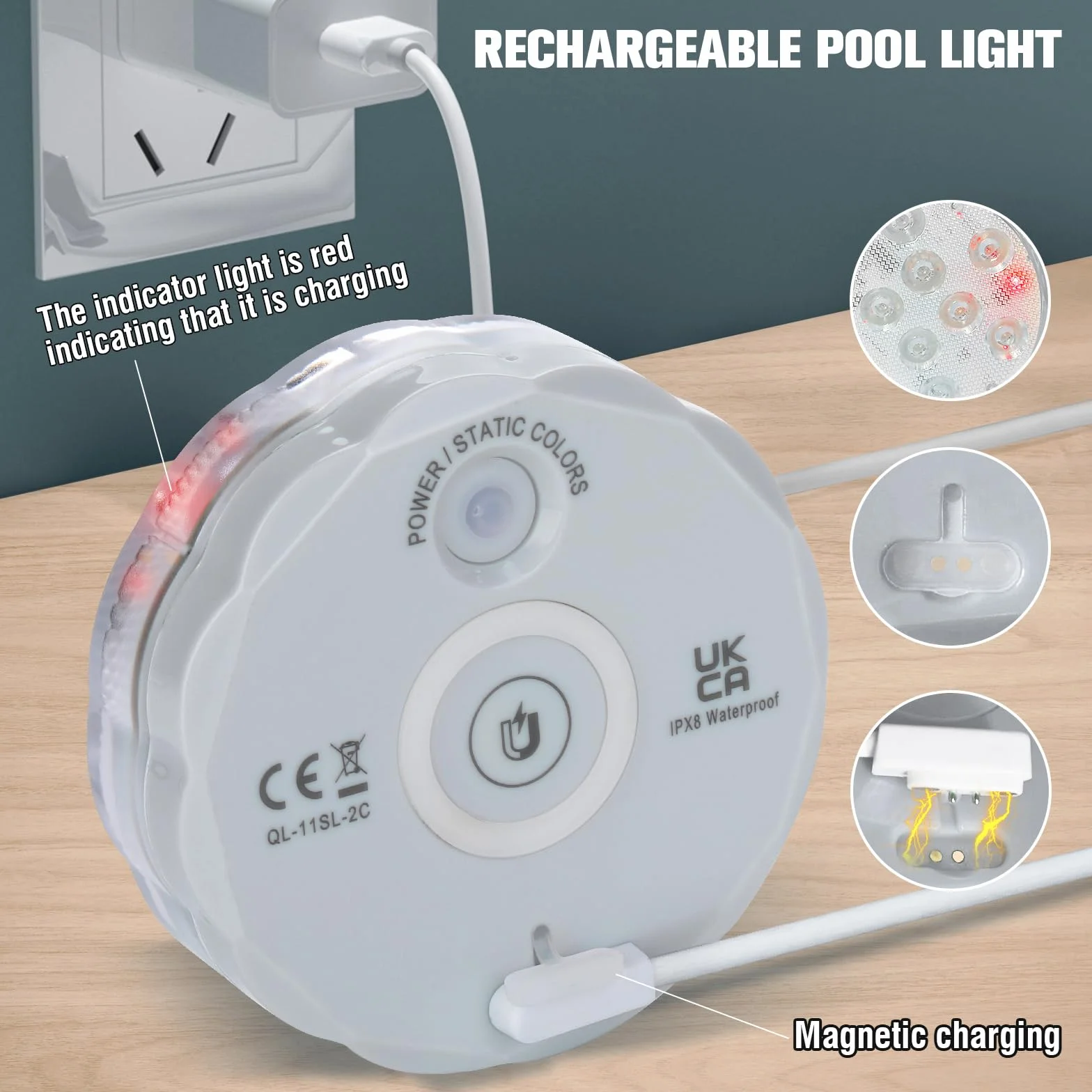 Qoolife Akumulatorowe lampki do jacuzzi 8,4 cm USB magnetyczne RGBW IP68 wodoodporne podwodne światło