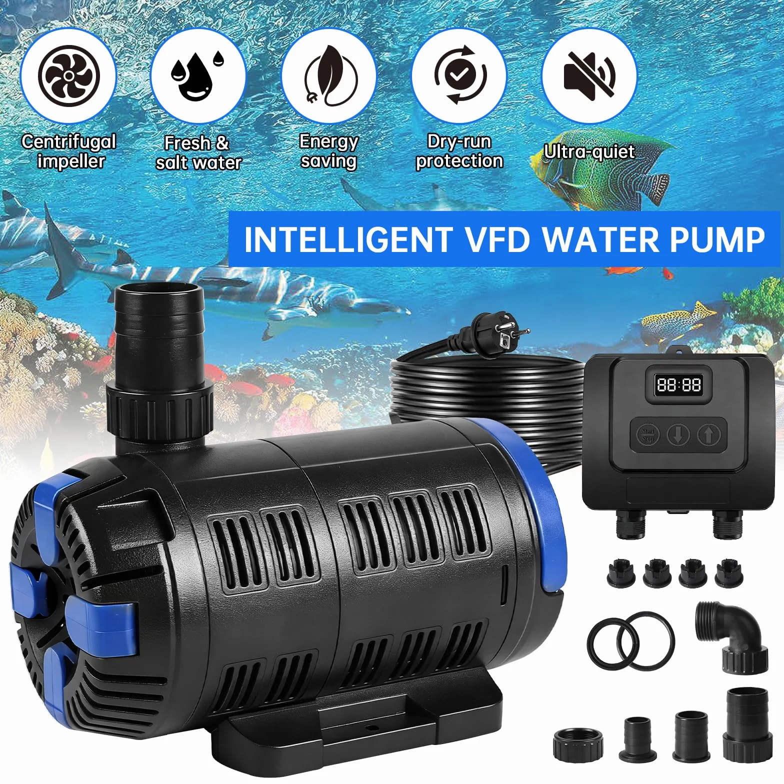 EXLECO Regulowana pompa do oczka wodnego 8000 l/h 18 W-80 W z wielofunkcyjnym kontrolerem