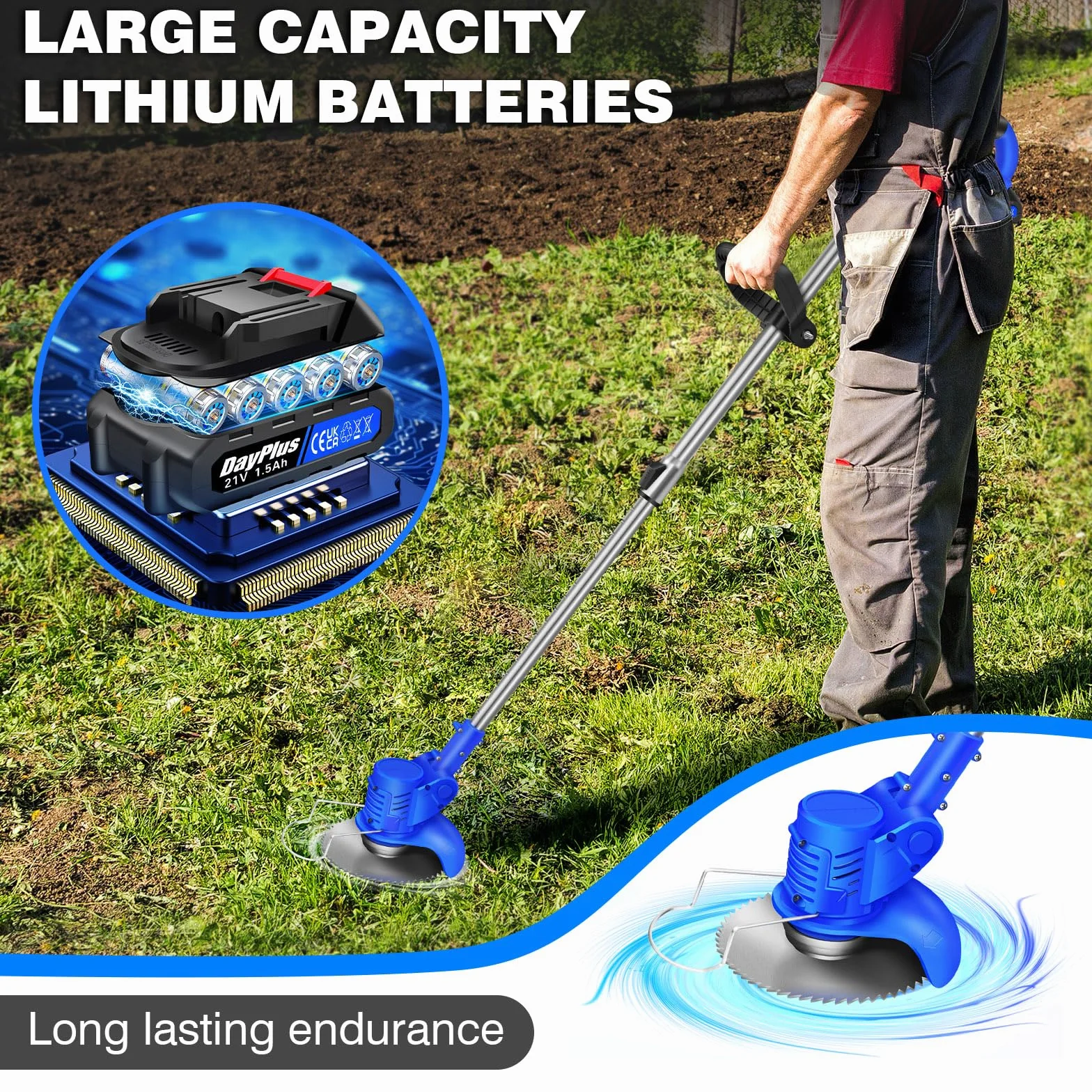 Bezprzewodowa podkaszarka do trawy akumulatorowa z 2 bateriami, niebieski
