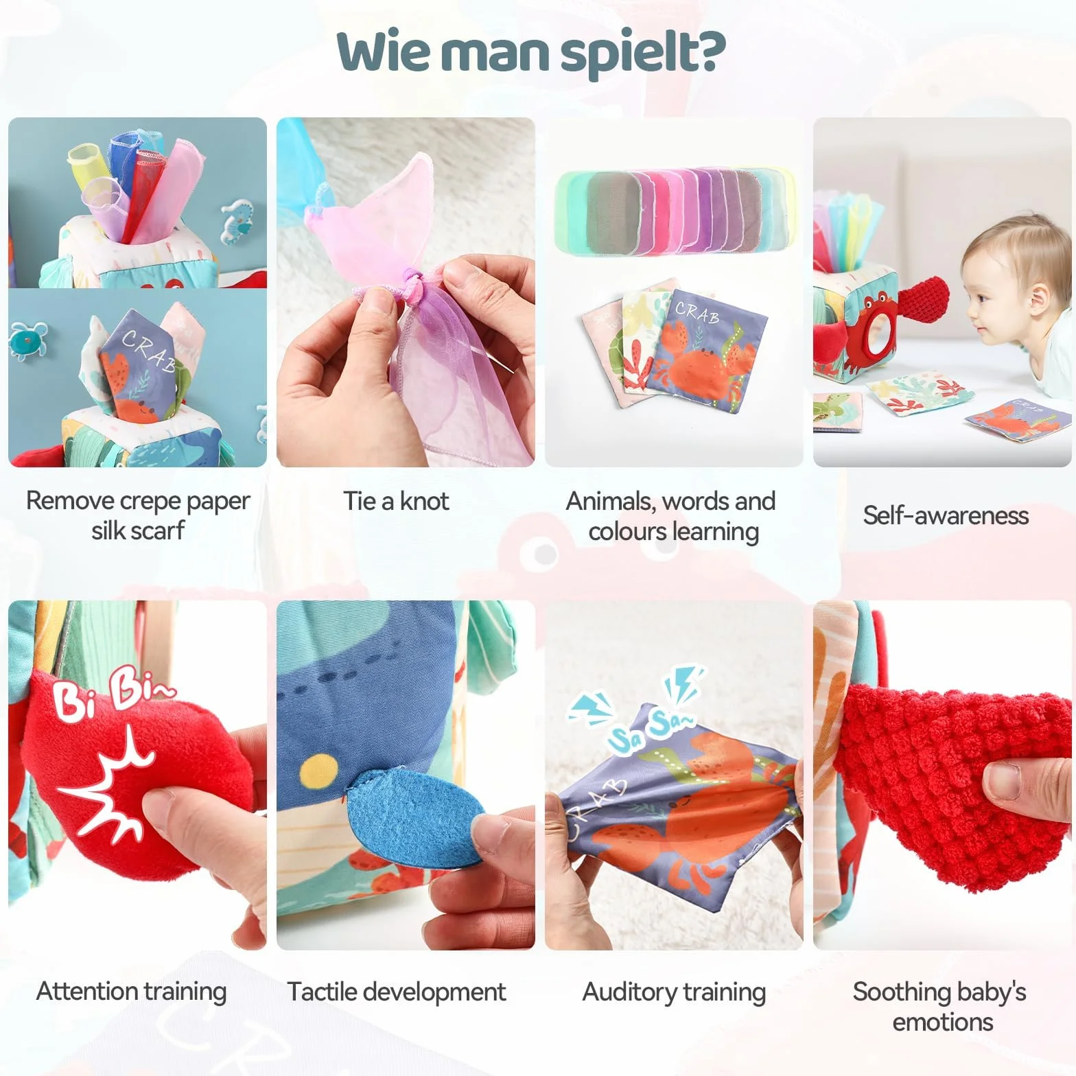 WOODEN TEETHER Zabawka pudełko chusteczek dla dzieci 6-12 miesięcy Montessori zabawka sensoryczna, wspiera sensorykę i motorykę, z lustrami, kolorami, teksturami, dźwiękami, zabawka edukacyjna dla