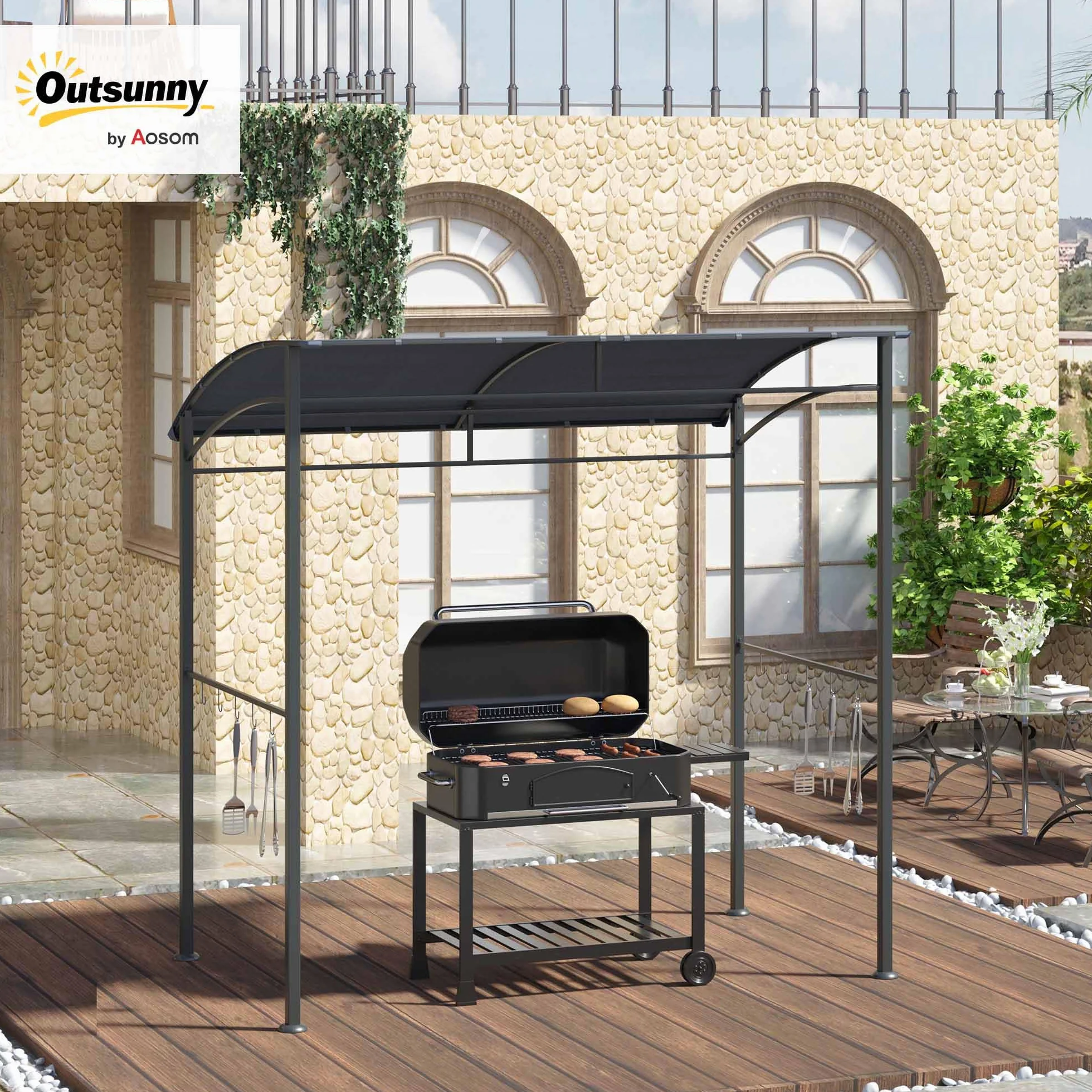 Outsunny Pawilon do grilla stalowa rama poliester wodoszczelny UV 215x150x174/220 cm szary