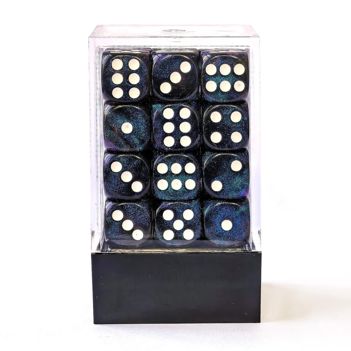 Bescon Moonstone Zestaw 36 kości z 6 twarzami, kamień księżycowy, 91,4 cm, czarne, półprzezroczyste kostki D6, z niebieskimi cekinami, 36 szt., 36 szt