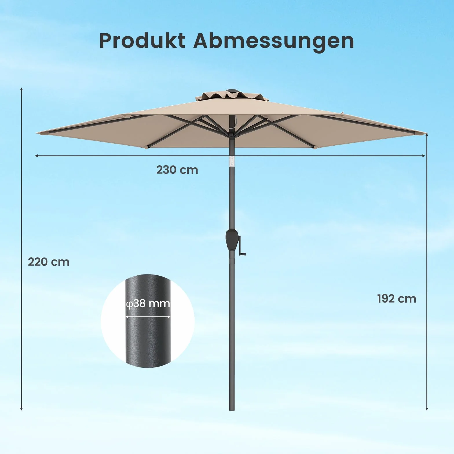 COSTWAY Parasol przeciwsłoneczny 265 cm z korbą obustronnie zginany 30° parasol tarasowy 18 żeber z włókna szklanego aluminiowy drążek