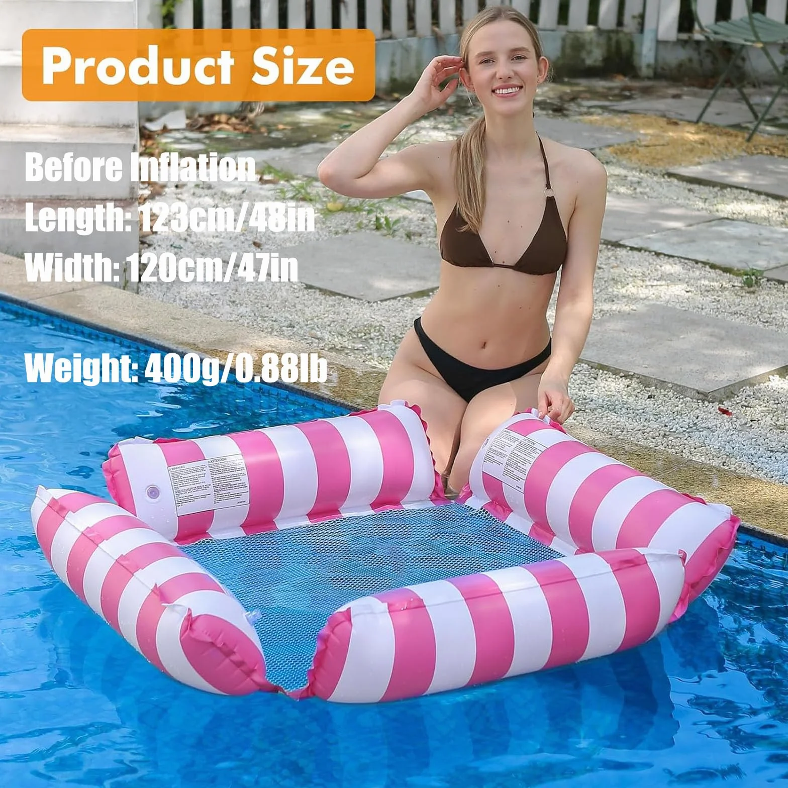 Hamak wodny z siatką – wersja z grubego PCW, udźwig 100 kg, hamak 4 w 1, do basenu i na basen, w zestawie pompka ręczna (123 x 120 cm, różowy)