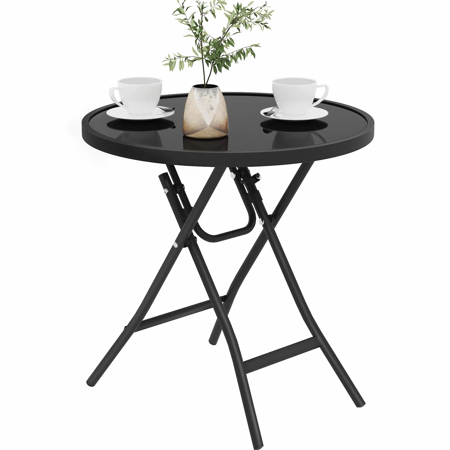 eSituro SCPT0036 składany stolik pomocniczy balkonowy kempingowy ogrodowy bistro, metalowa rama, okrągły blat z hartowanego szkła 46x47,5 cm czarny
