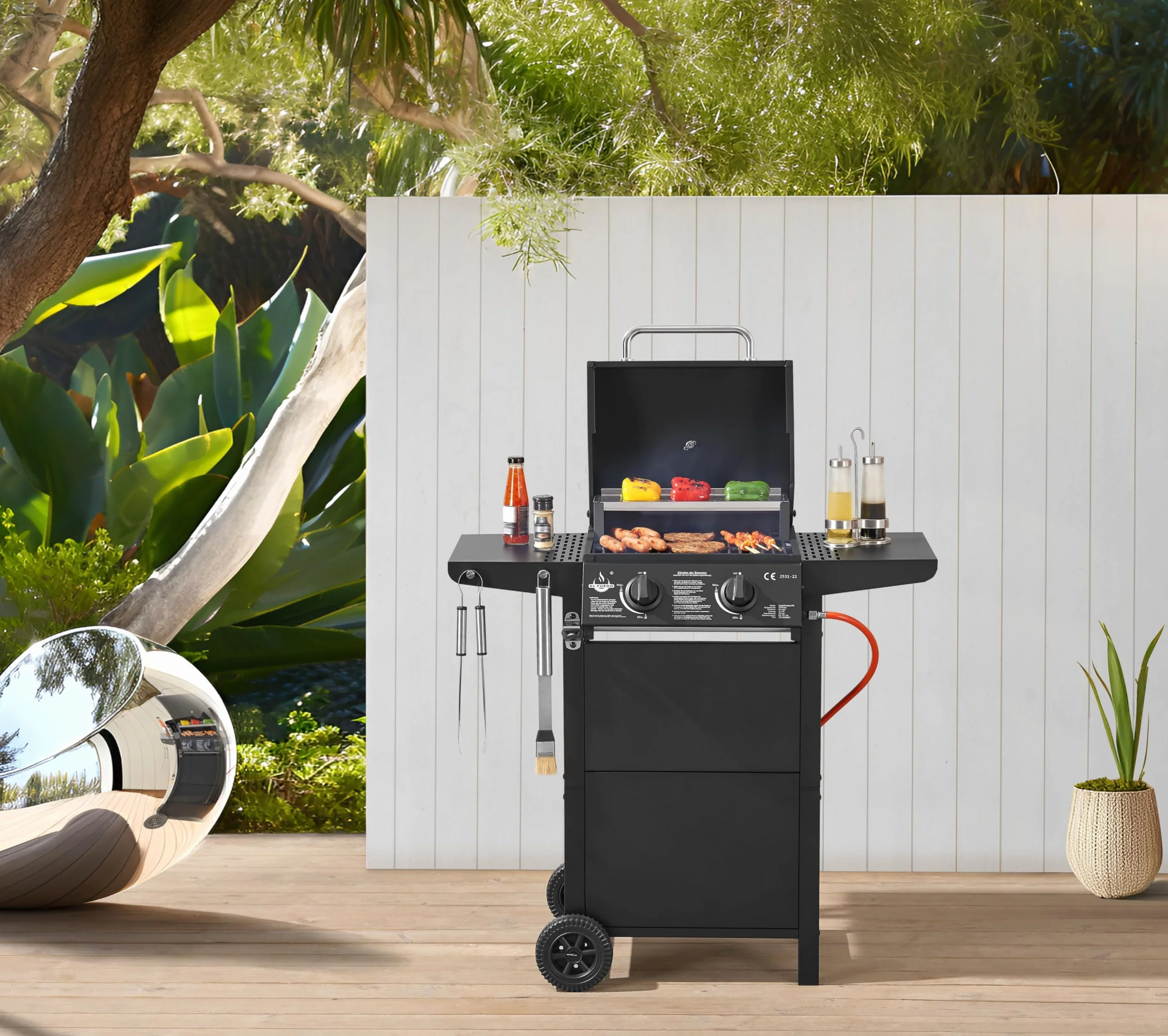 El Fuego® Grill Gazowy San Jose 2 Palniki BBQ z Żeliwnym Rusztem, Termometrem i Półkami Bocznymi